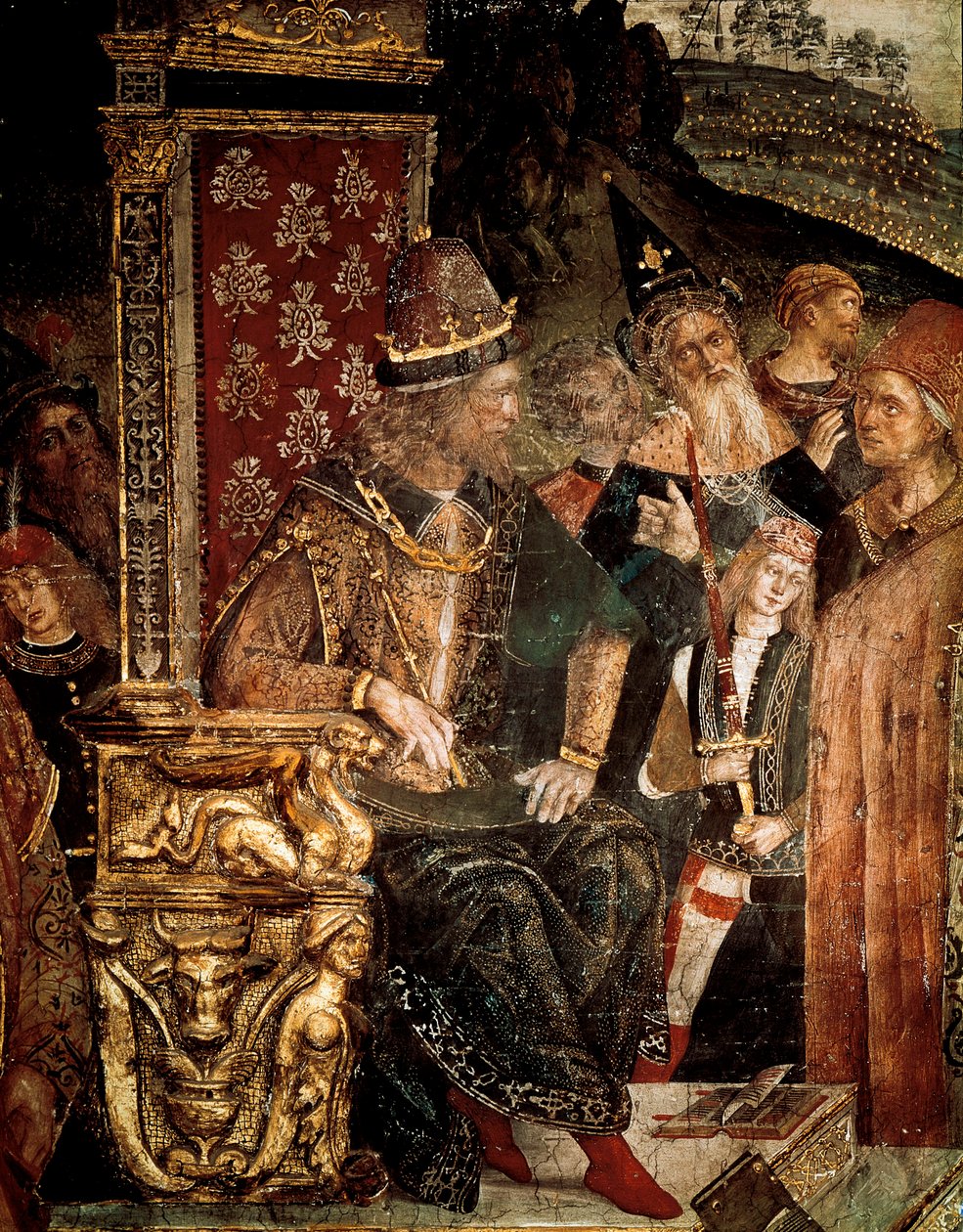 De twist van Sint-Catharina van Alexandrië met filosofen voor de Romeinse keizer Maximianus Hercules (detail) door Bernardino di Betto Pinturicchio