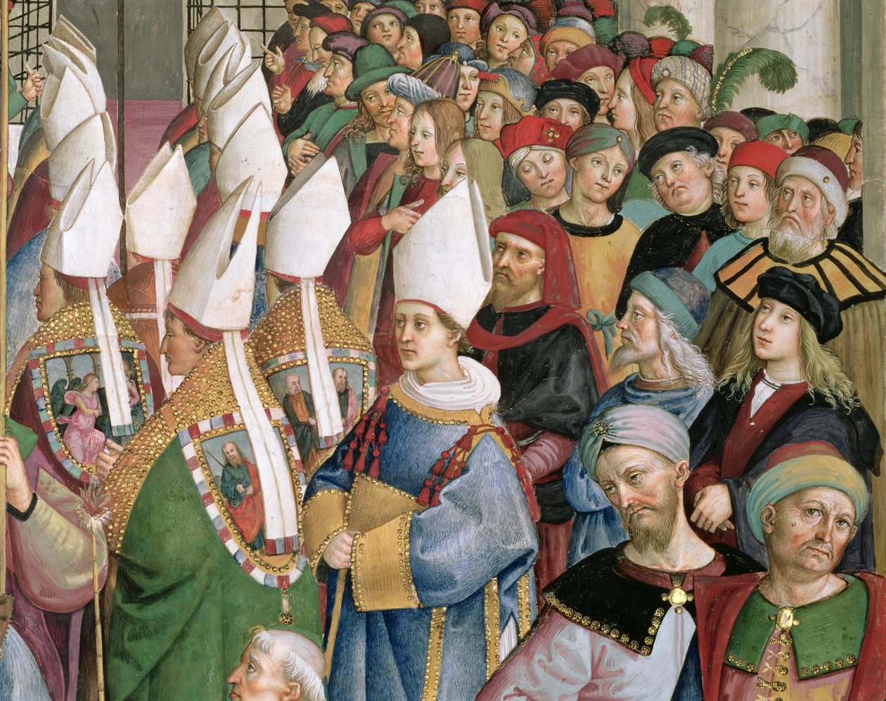 De kardinalen die door de menigte van seculiere toeschouwers trekken, detail door Bernardino di Betto Pinturicchio
