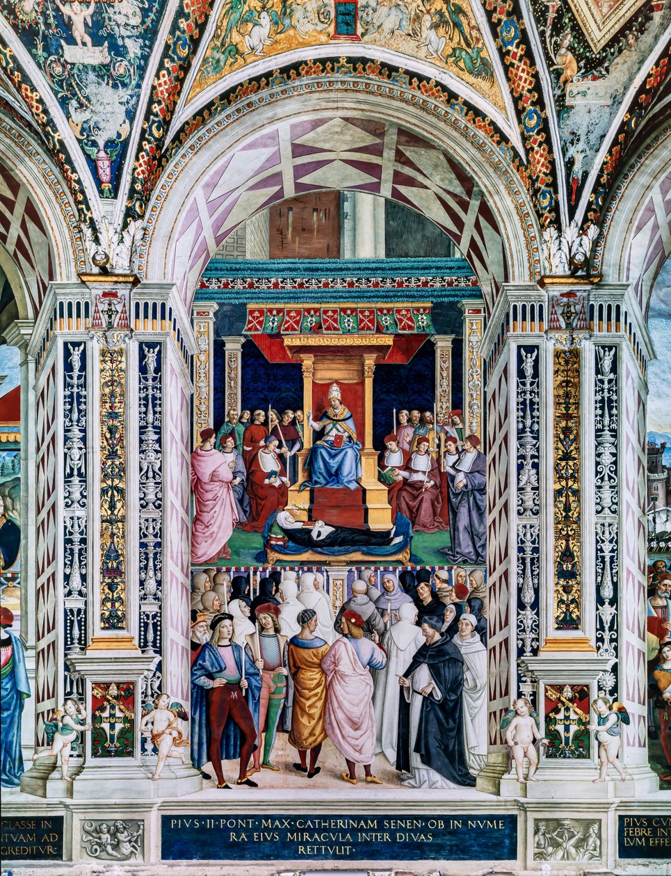 De Piccolomini Bibliotheek, zuidwestmuur: "Pius II canoniseert St. Catharina van Siena, 29 juni" door Bernardino di Betto Pinturicchio