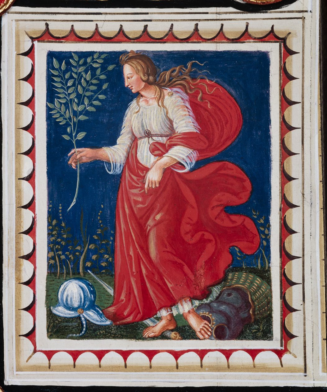 Piccolomini Bibliotheek, het plafond, paneel met allegorie van Vrede door Bernardino di Betto Pinturicchio
