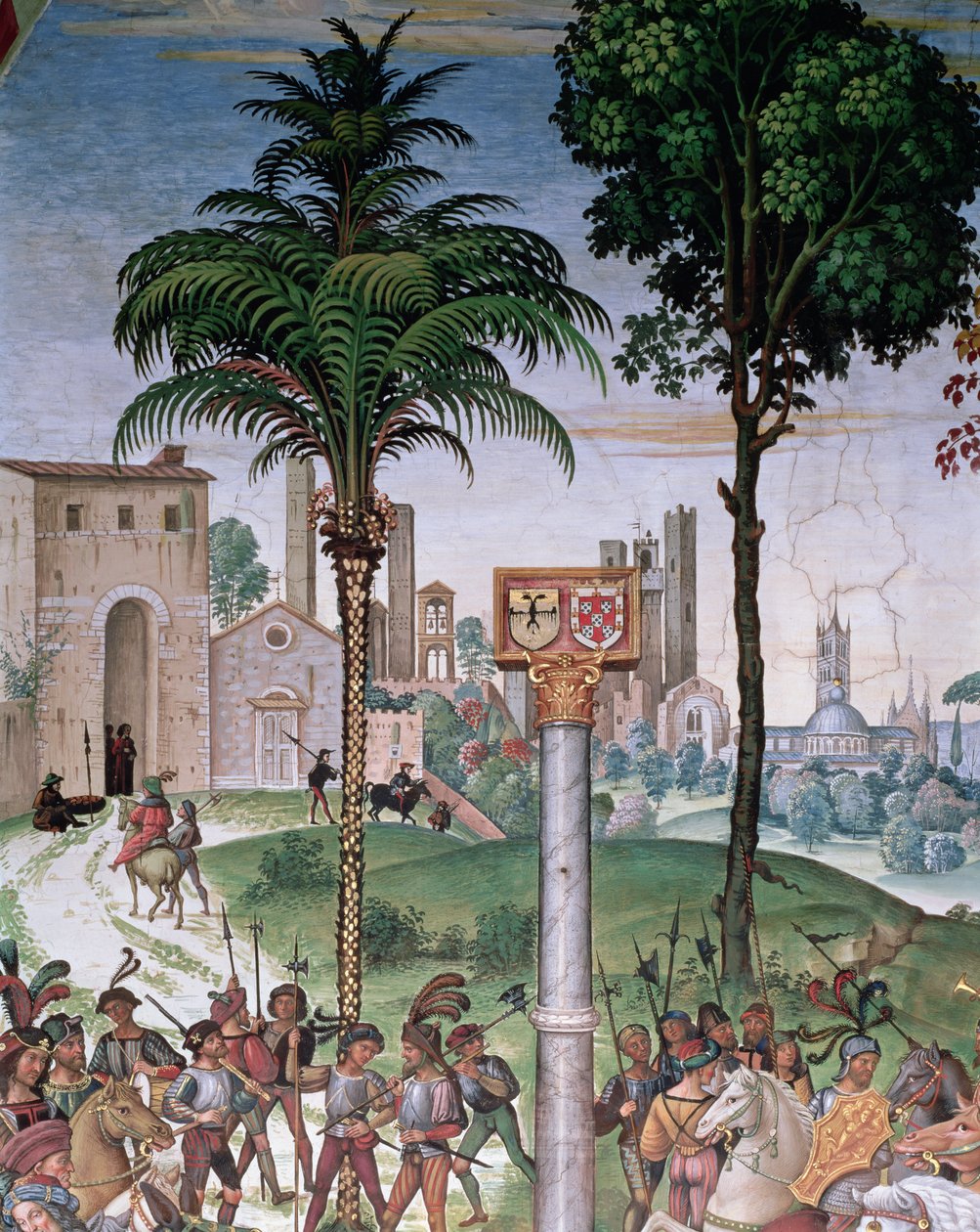 Uitzicht op Siena met de Kathedraal en Porta Camollia (detail) door Bernardino di Betto Pinturicchio