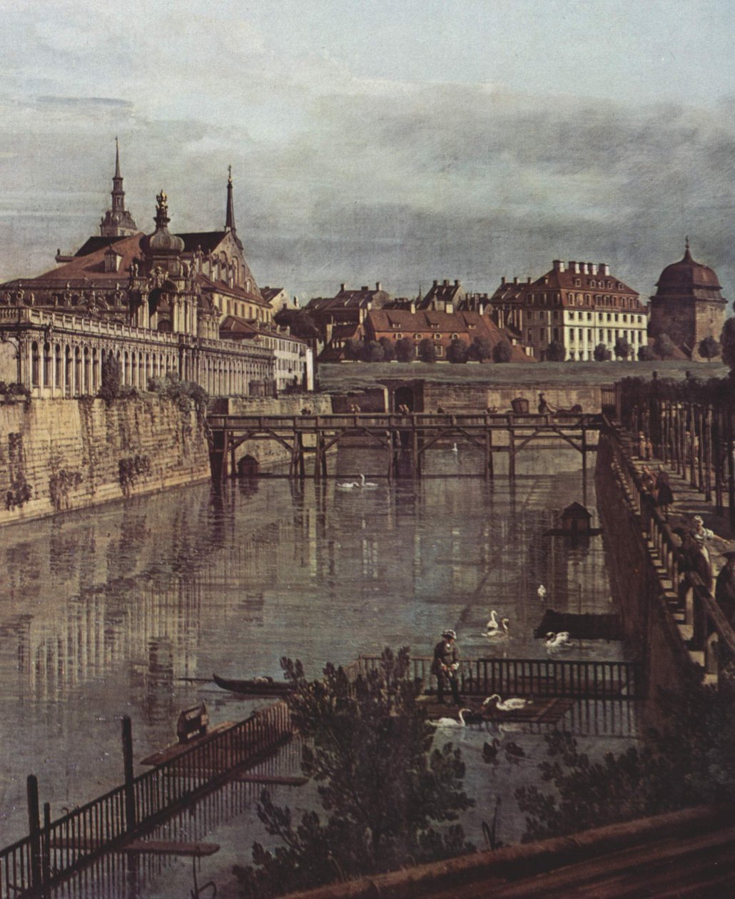 Gezicht op Dresden, de oude watergracht van de Zwinger, gezien vanuit de Orangerie richting stad door Bernardo Bellotto