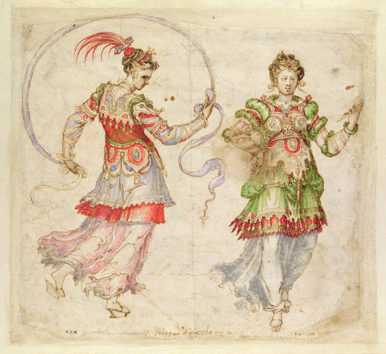 Ontwerp voor kostuums, waarschijnlijk in de Florentijnse Intermezzi, Florence, 1589 door Bernardo Buontalenti