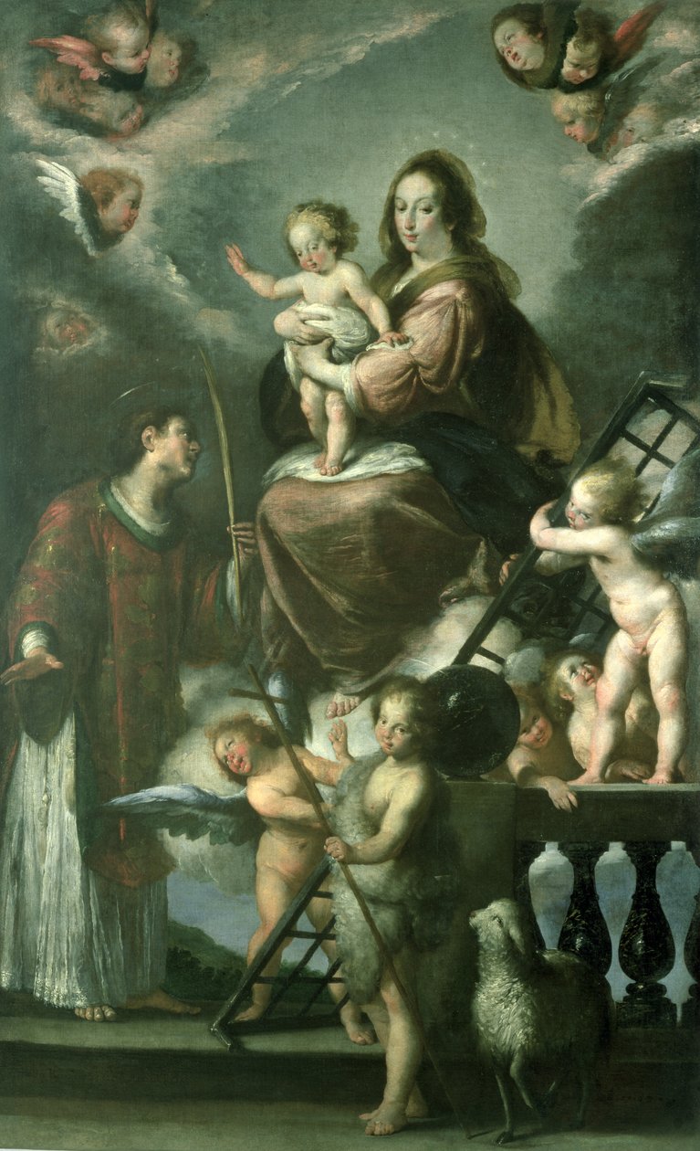 Madonna en Kind met de Jonge St. Johannes de Doper en St. Laurentius en Engelen, 1629 door Bernardo Strozzi