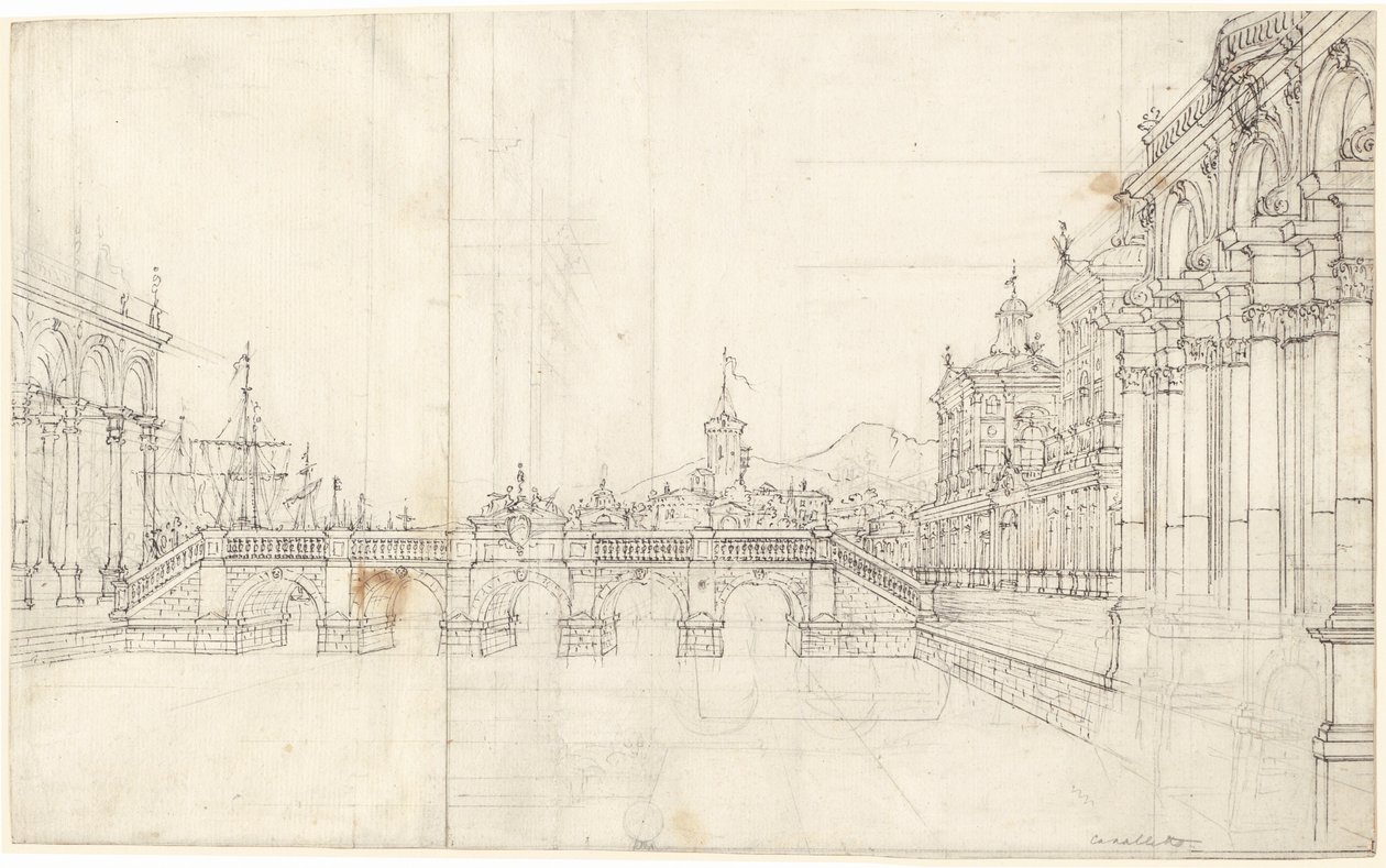 Een Capriccio van Paleizen en een Loggia met Uitzicht op een Klassieke Brug door Bernardo Bellotto