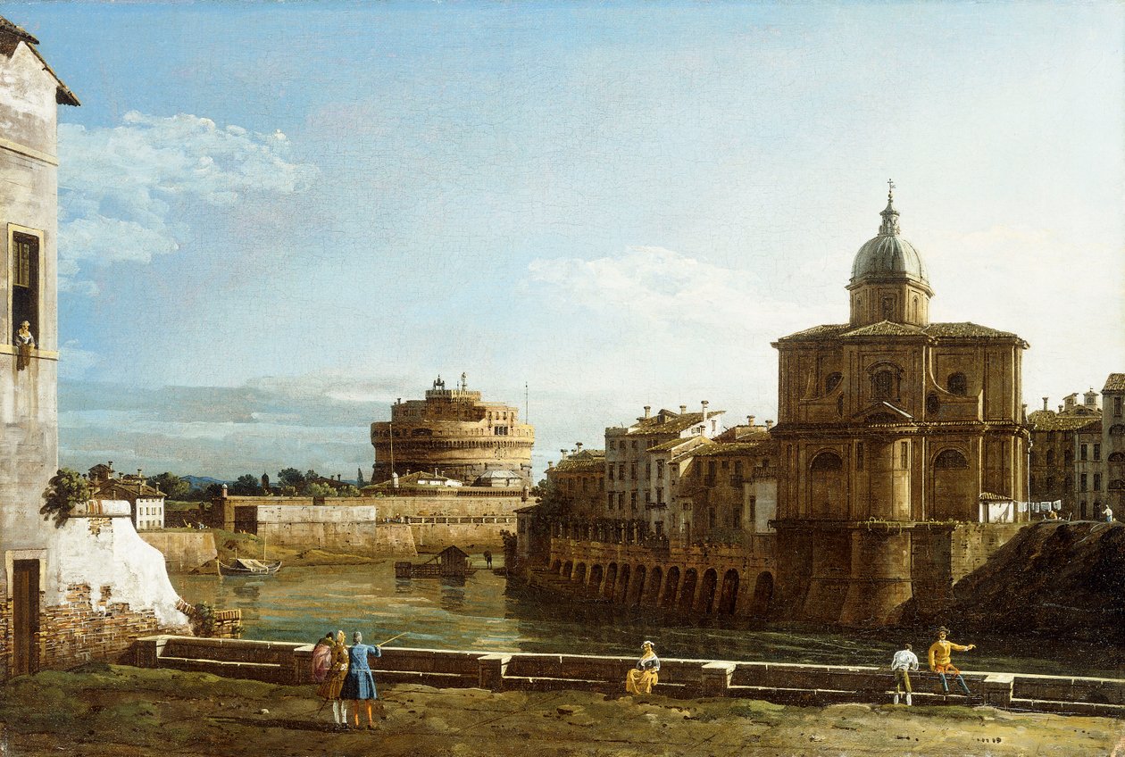 Een Zicht op Rome langs de Tiber, met de Kerk van San Giovanni dei Fiorentini op de achtergrond door Bernardo Bellotto