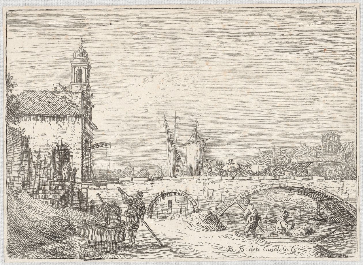 Capriccio met een brug en een poortgebouw in de stijl van de Porta Portello in Padua door Bernardo Bellotto
