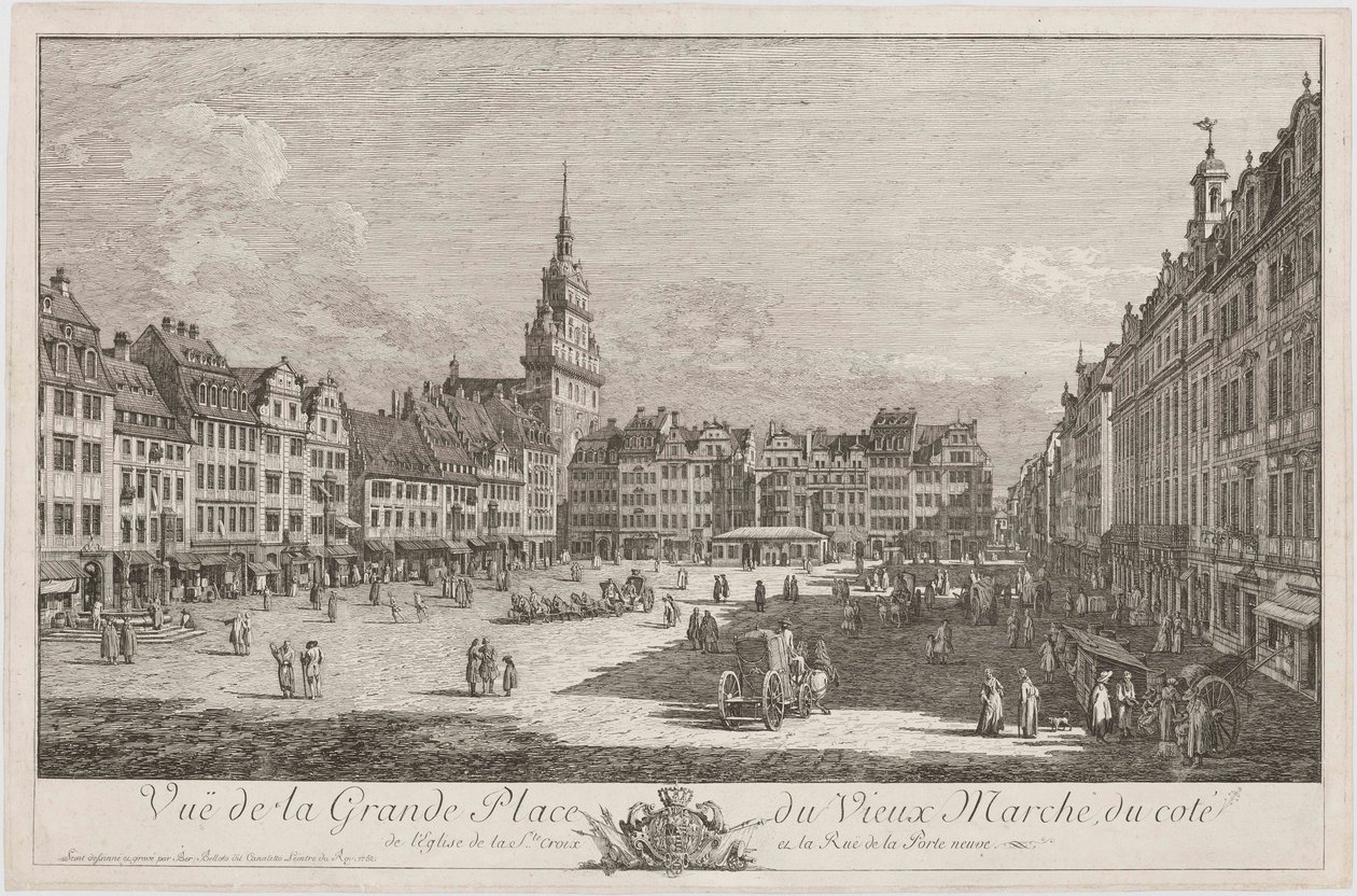 De Altmarkt in Dresden, gezien vanaf de Schlossstrasse, blad uit de serie „Dresdner Veduten“ door Bernardo Bellotto