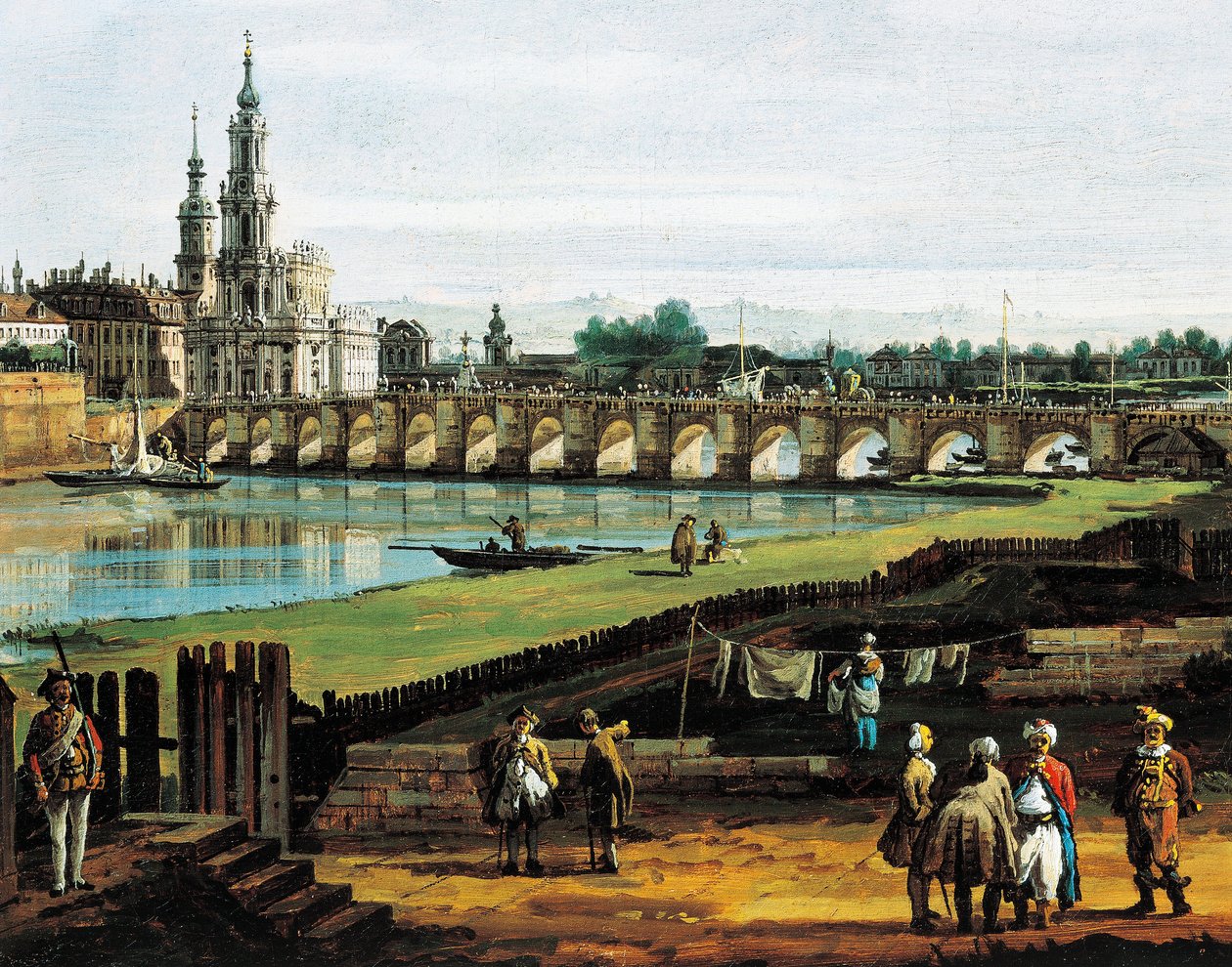 Dresden vanaf de rechteroever van de Elbe stroomopwaarts vanaf de brug van Augustus, circa 1750, door Bernardo Bellotto, bekend als Canaletto (1721-1780), olieverf op doek, 50x84 cm, Detail door Bernardo Bellotto
