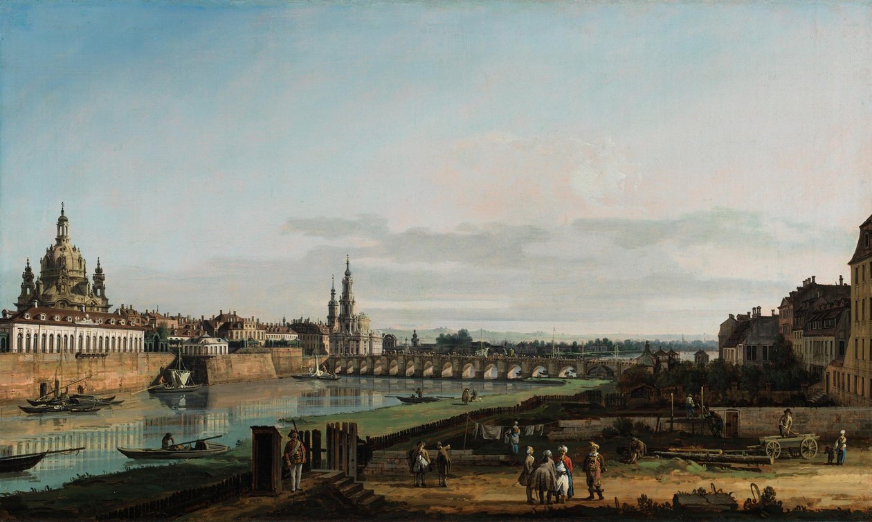 Dresden vanaf de rechteroever van de Elbe, boven de Augustusbrug door Bernardo Bellotto