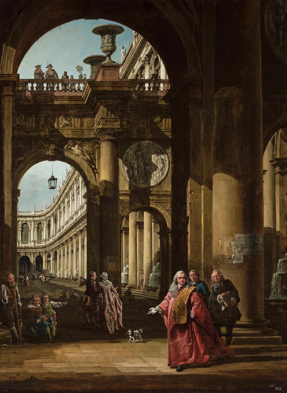Duits: Architecturale fantasie met Venetiaanse edelman Zelfportret als Venetiaanse ambassadeur door Bernardo Bellotto