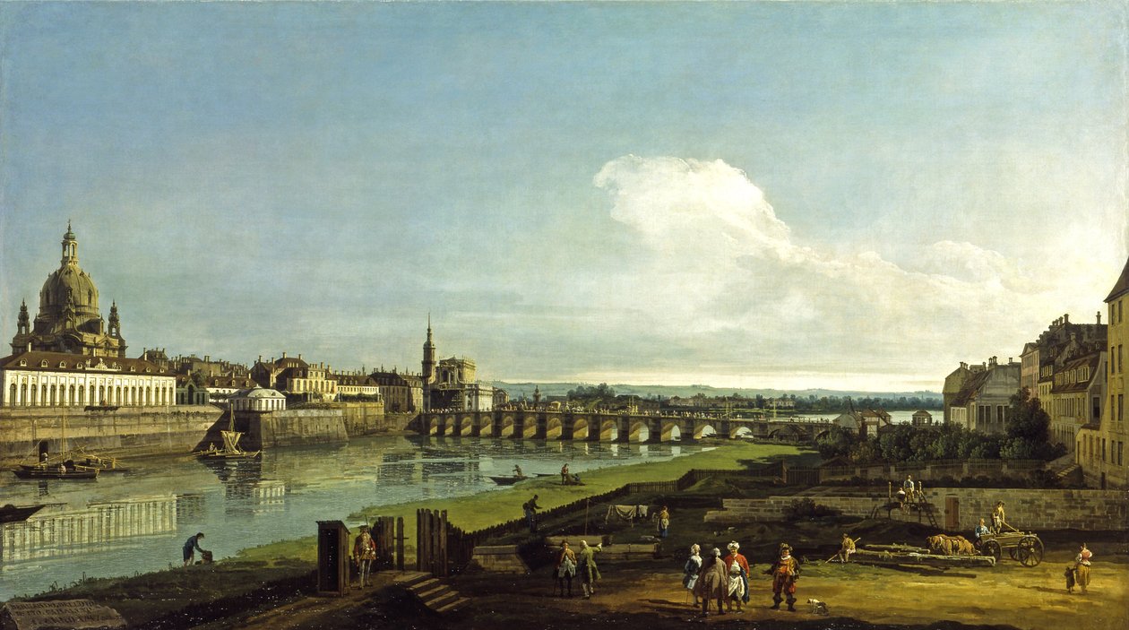 Gezicht op Dresden met links de Frauenkirche door Bernardo Bellotto