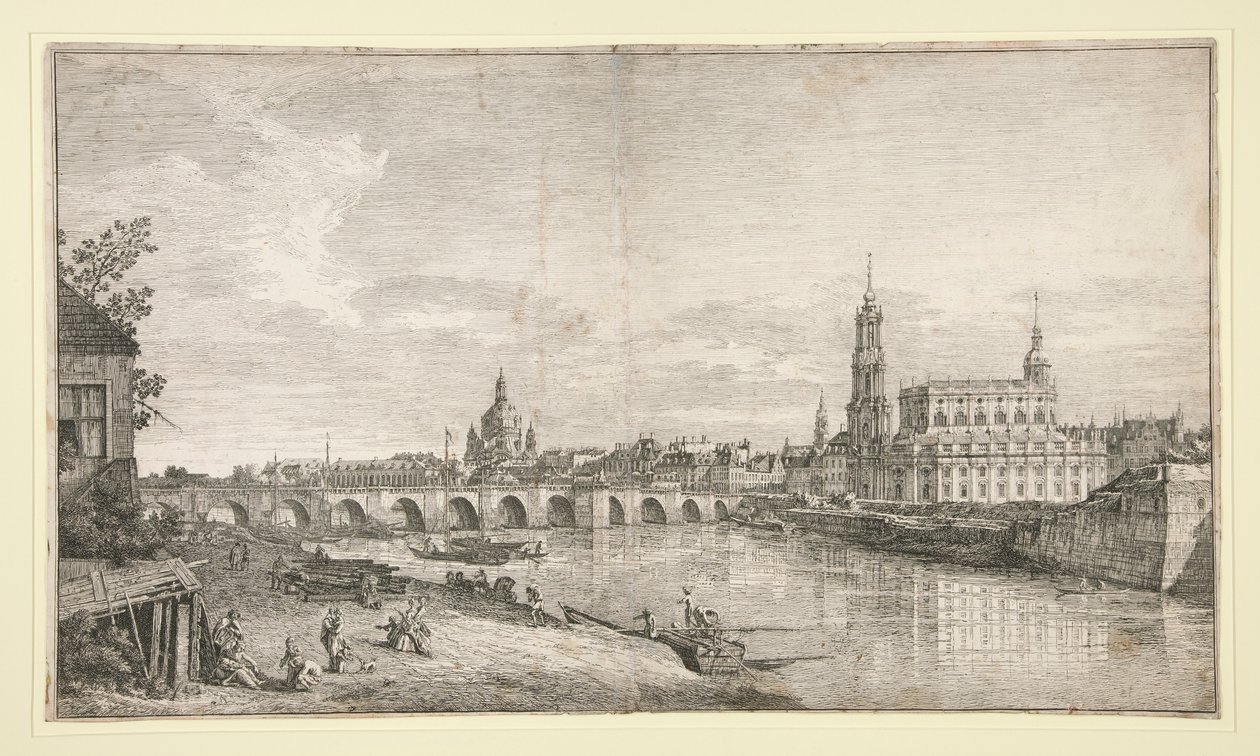 Zicht op de brug in Dresden over de Elbe door Bernardo Bellotto