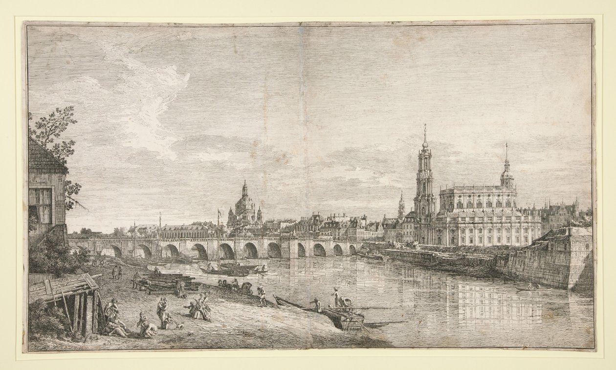 Gezicht op de brug in Dresden over de Elbe door Bernardo Bellotto