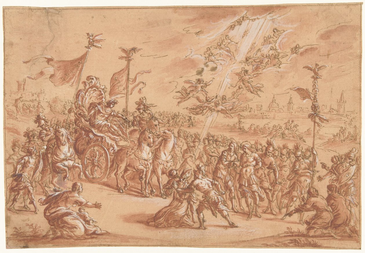 Een heilige bisschop knielt terzijde van de stoet van een Romeinse Imperator door Bernardo Castello (attributed to)