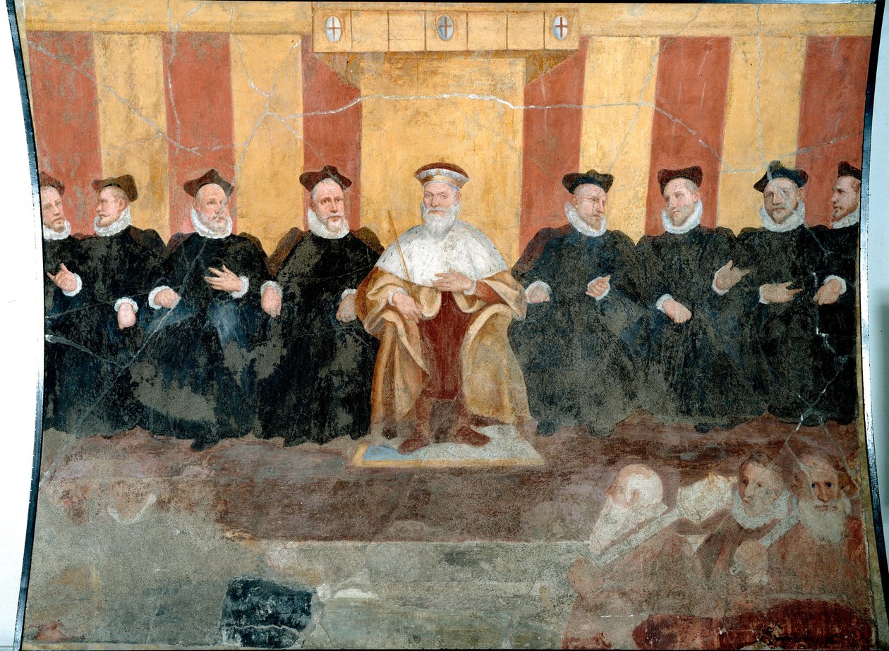 De doge van Genua Giacomo Durazzo Grimaldi omringd door senatoren (fresco) door Bernardo Castello