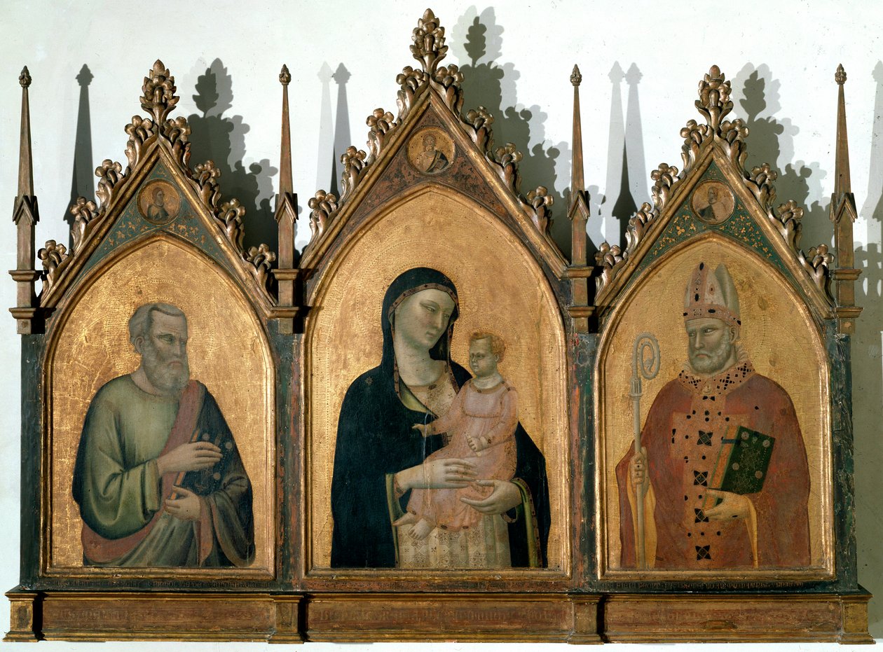 Drieluik van Allerheiligen of Madonna met Kind tussen Sint Mattheüs de Evangelist en Sint Nicolaas van Bari door Bernardo Daddi