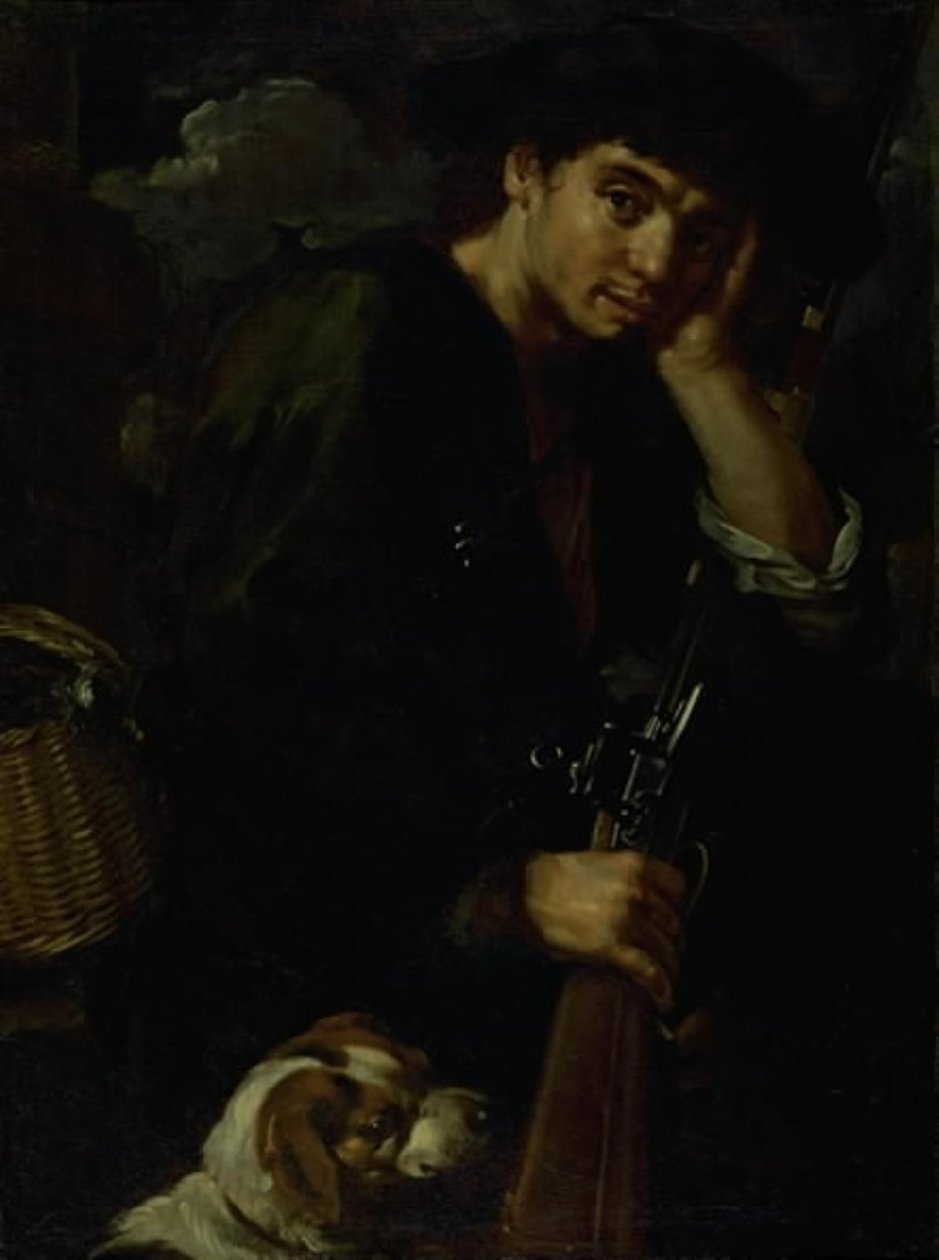 Jager met zijn geweer en hond. (Allegorie van "Lucht") door Bernardo Eberhart Keilhau