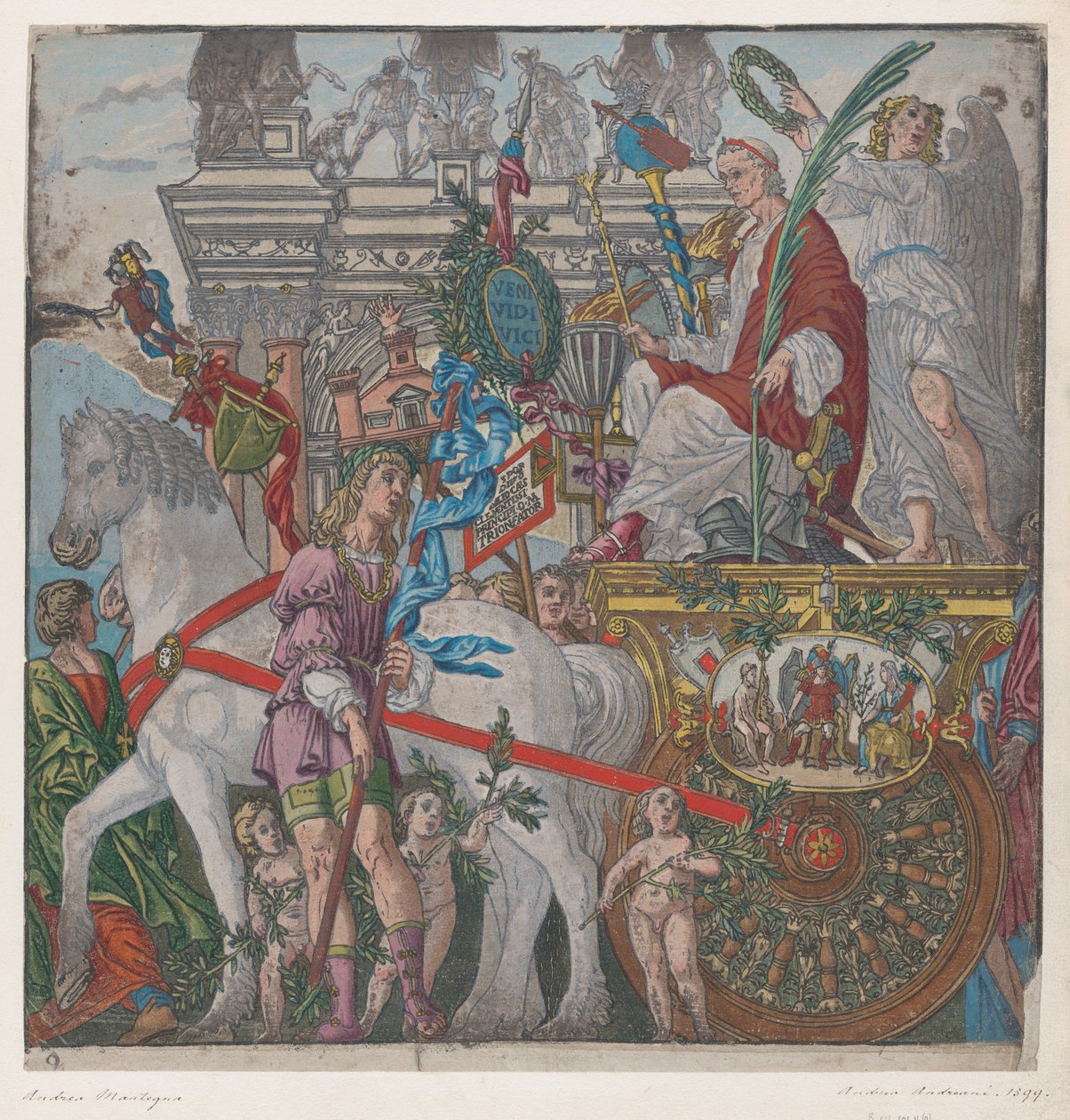 Blad 9: Julius Caesar in zijn door paarden getrokken wagen, uit De Triomf van Julius Caesar, 1599 door Bernardo Malpizzi