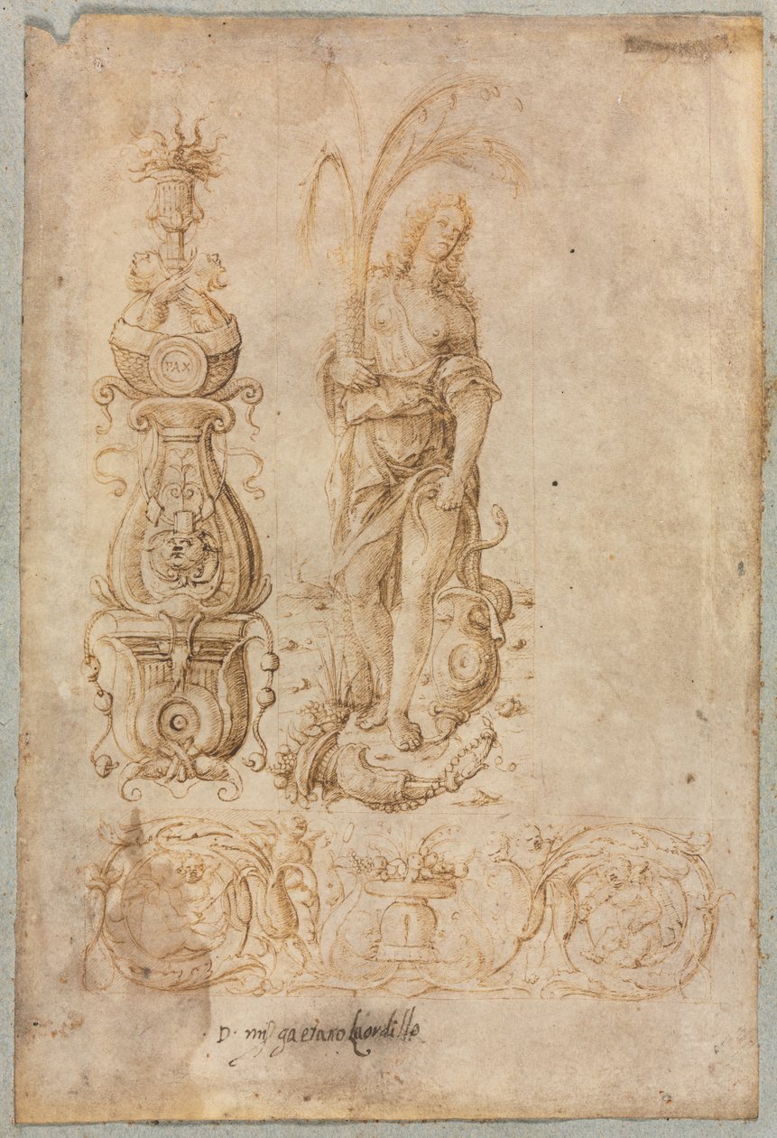 Ontwerp voor een Kandelaar, Allegorisch Figuur van Overvloed, Ornamenteel Reliëfontwerp, ca. 1490s door Bernardo Parentino