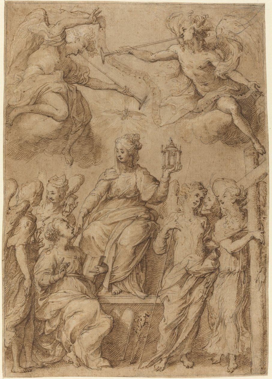 Ecclesia omringd door engelen met de instrumenten van de passie door Bernardo Strozzi