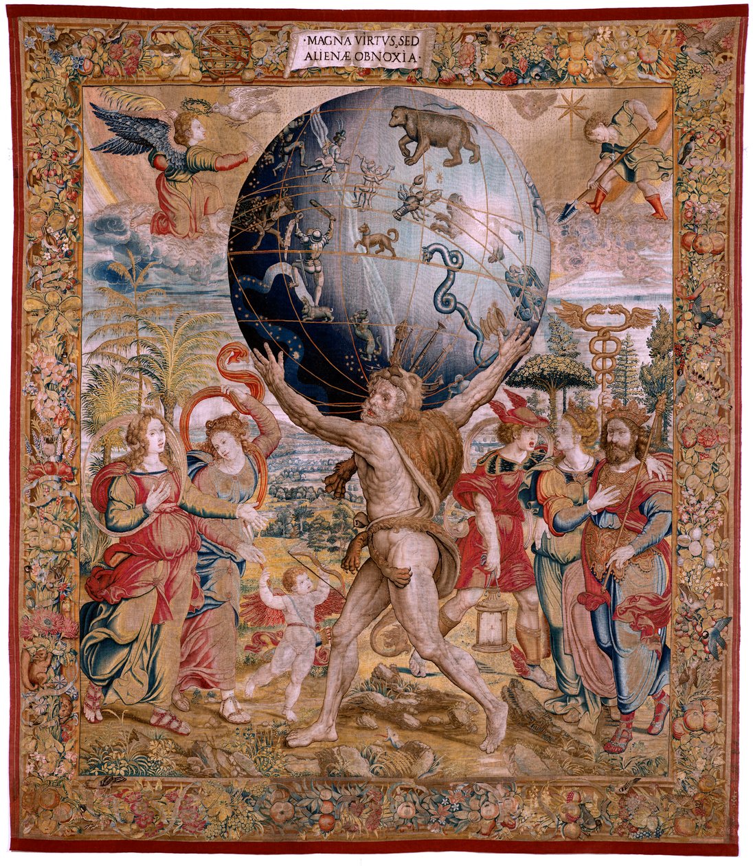 Vlaams wandtapijt. Serie De Sferen. Hercules ondersteunt de hemelbol. Eerste wandtapijt in de serie. Model Barend van Orley of Pieter Coecke van Aelst. 1525-1530. Manufacture Joris Vezeleer (Georg Wezeler)? door Bernart van (attr. to) Orley