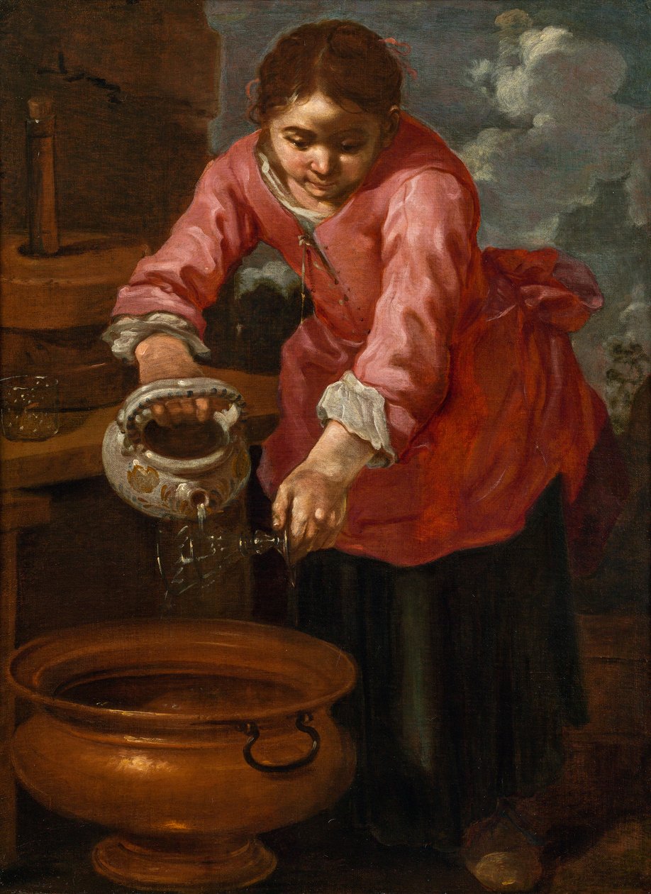 Italiaans:  Lavaggio di un vetro di vino Een jonge vrouw die een glas wast ("Allegorie op water") door Bernhard Keil