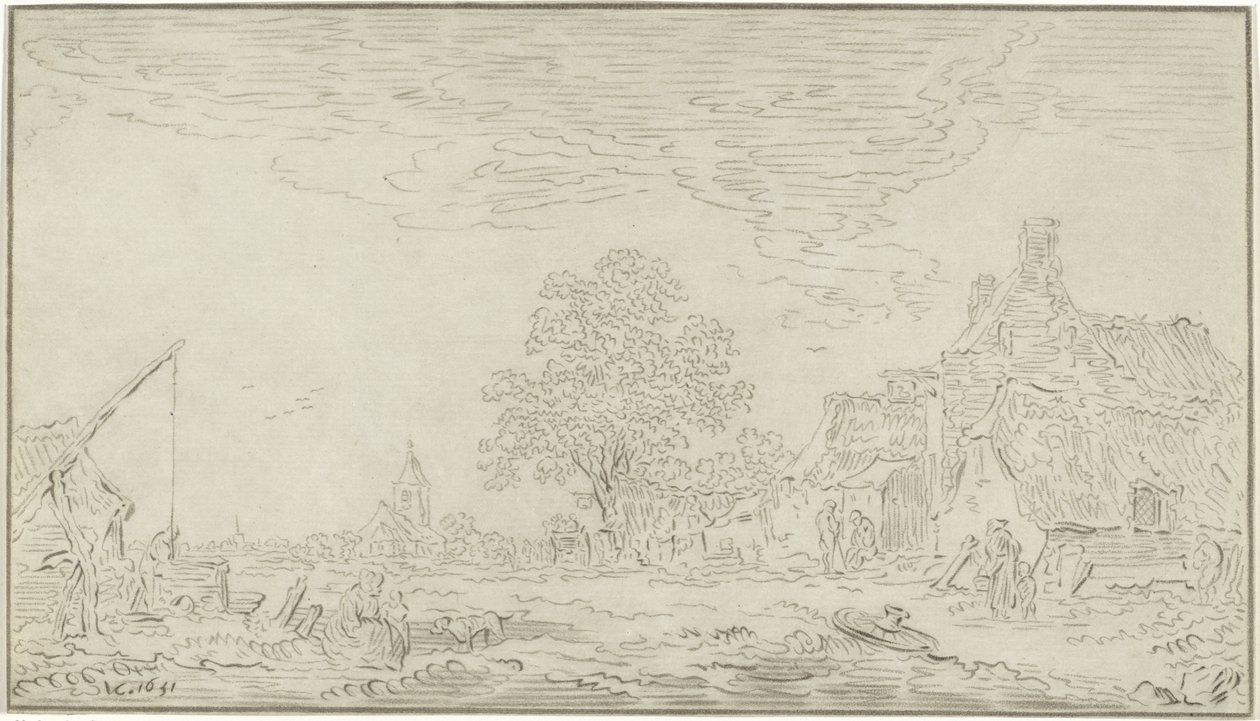 Gezicht op een dorp met links een waterput door Bernhard Schreuder