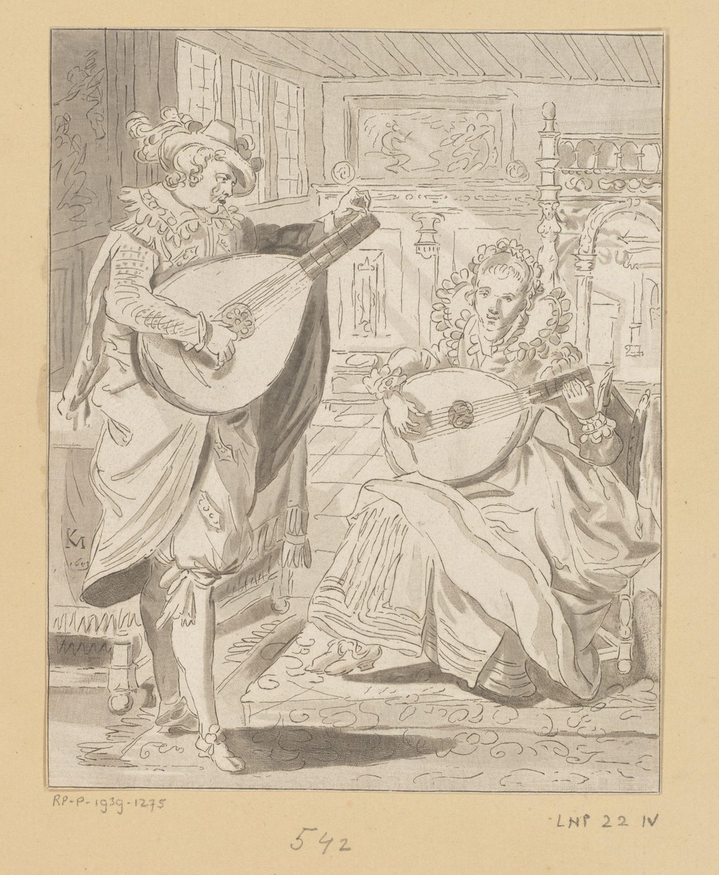 Luitspelende heer en dame door Bernhard Schreuder