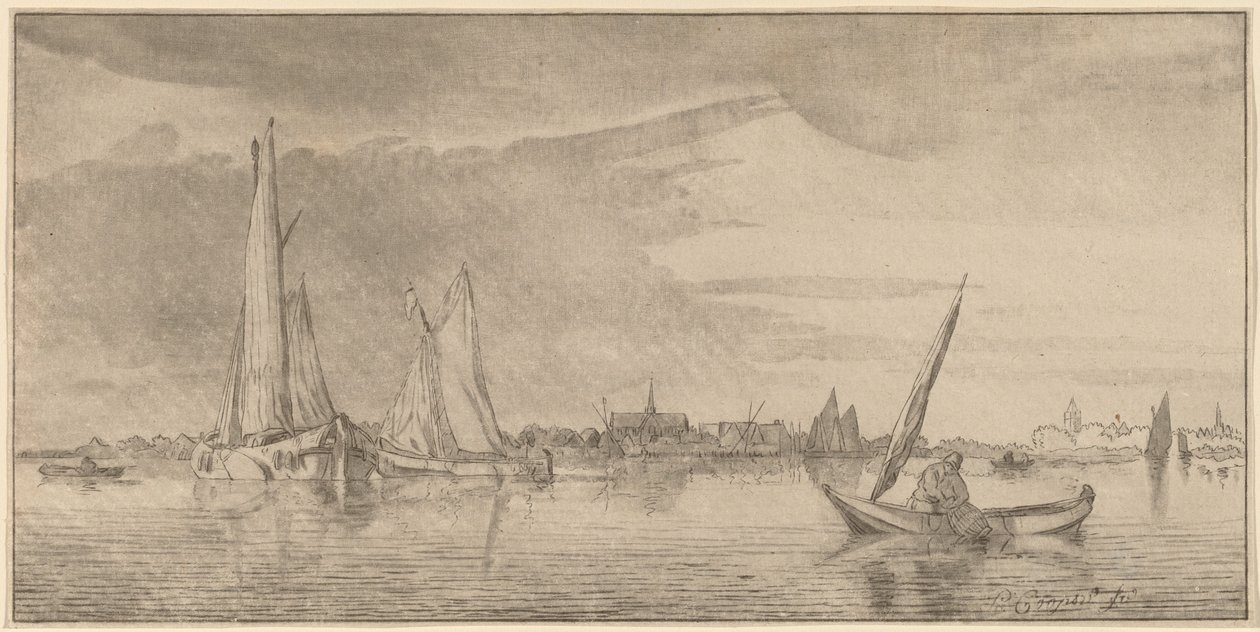 Rivier met stad, 1775 door Bernhard Schreuder