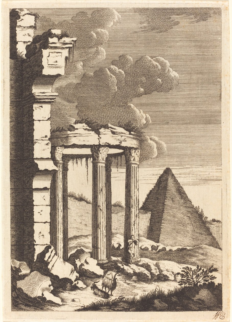 Geiten voor ruïnes en een piramide door Bernhard Zaech after Jonas Umbach