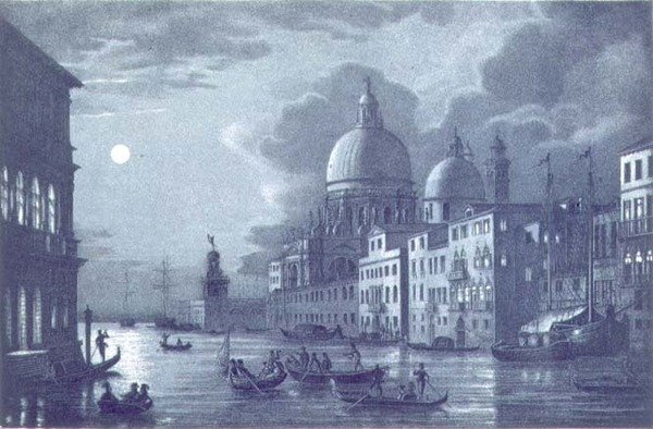 Nachtelijke Scène van het Grote Kanaal en Santa Maria della Salute, Venetië, gegraveerd door Brizeghel door Berselli (after)