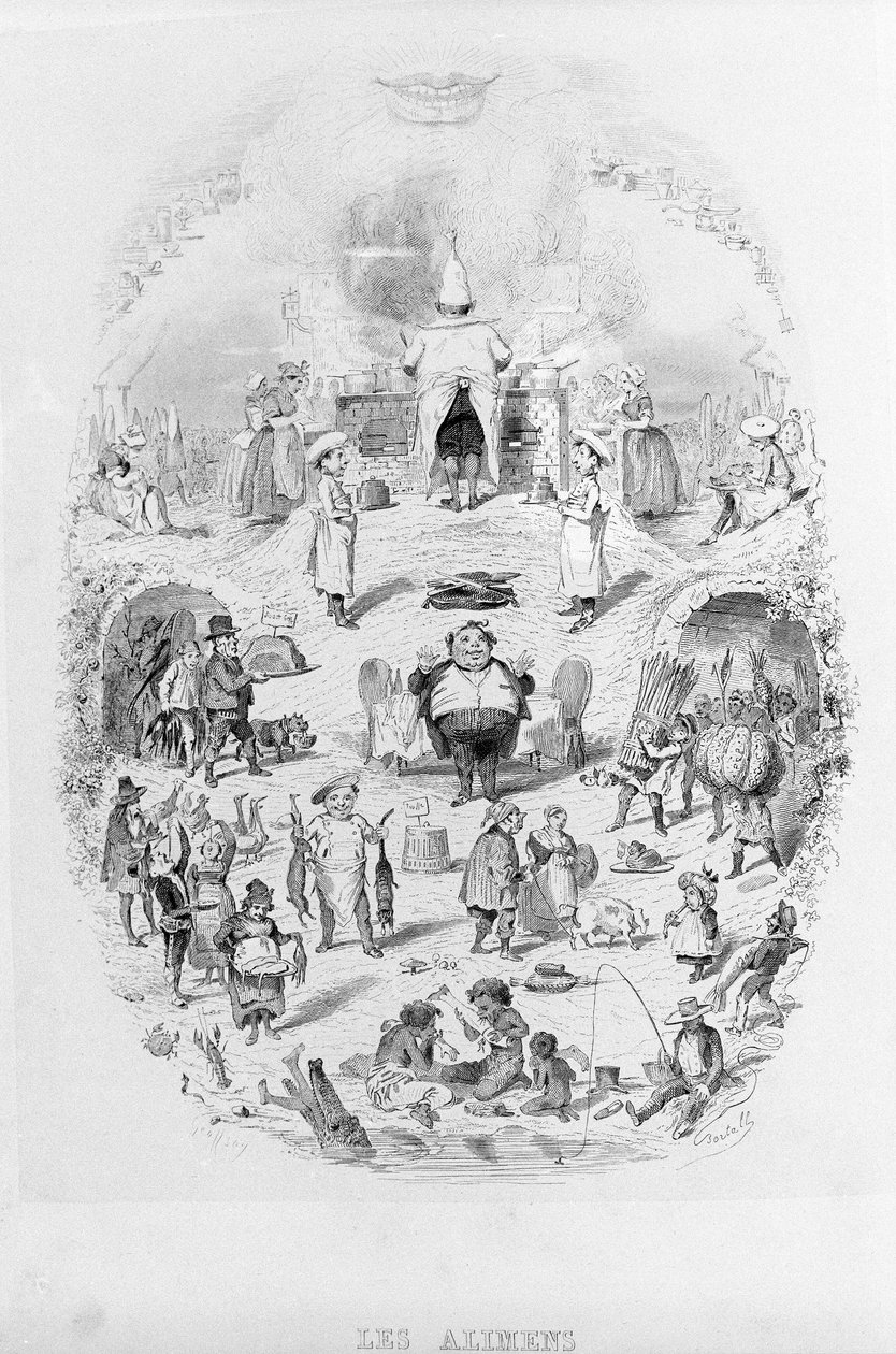 Voedsel: koken en verschillende manieren om voedsel te bereiden in Brillat - Savarin geïllustreerd door Bertall. Parijs 1840 door Bertall