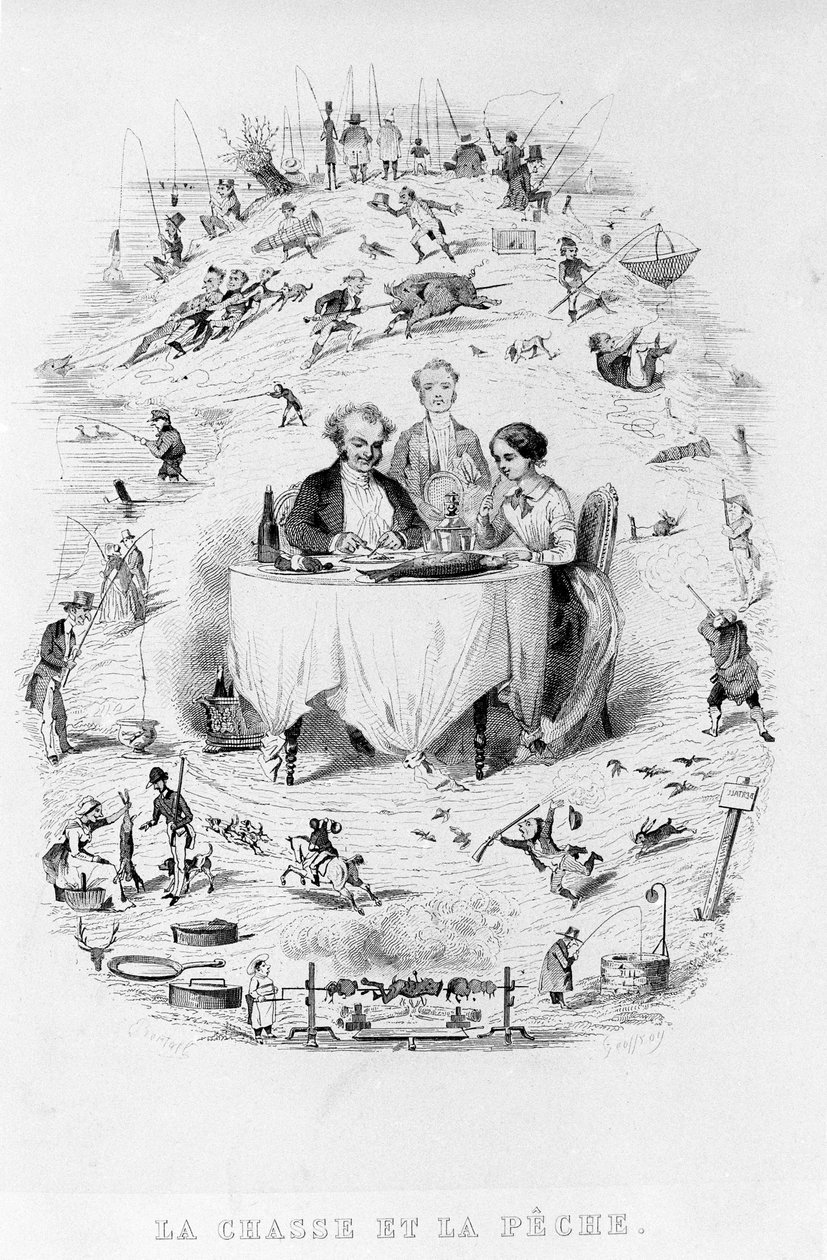 Jagen en vissen: een stel in het restaurant voor een gerecht van vis en vlees, rondom worden de verschillende manieren van jagen en vissen afgebeeld. De Fysiologie van de Gout van Brillat - Savarin geïllustreerd door Bertall. Parijs 1840. Jean Anthelme Bri door Bertall