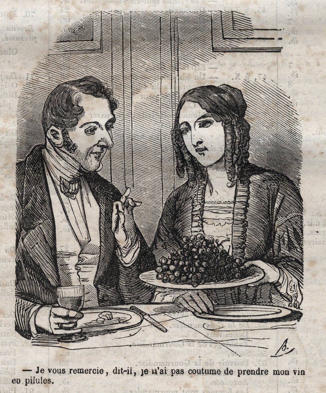 Dank u, ik ben niet gewend mijn wijn in pillen (druiven) te nemen - gravure in 