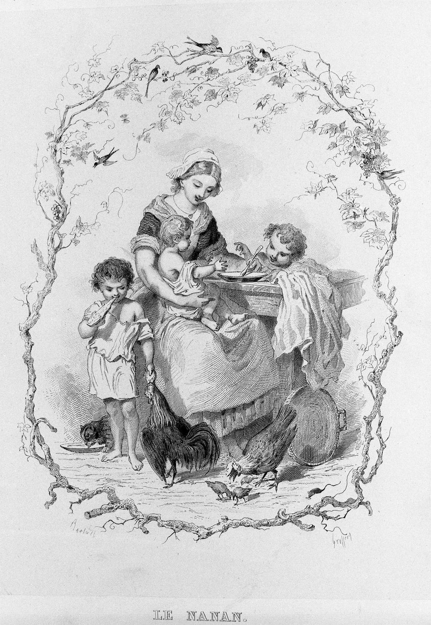 De nanan: een jonge moeder geeft voedsel aan haar drie kinderen in “La Physiologie du Gout”” door Brillat - Savarin geïllustreerd door Bertal. Parijs 1840. Jean Anthelme Brillat Savarin (Brillat-Savarin) (1755-1826) Franse gastronoom. door Bertall