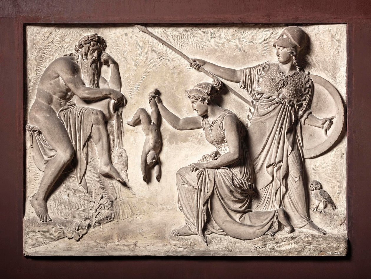 Thetis dompelt Achilles onder in de rivier de Styx door Bertel Thorvaldsen