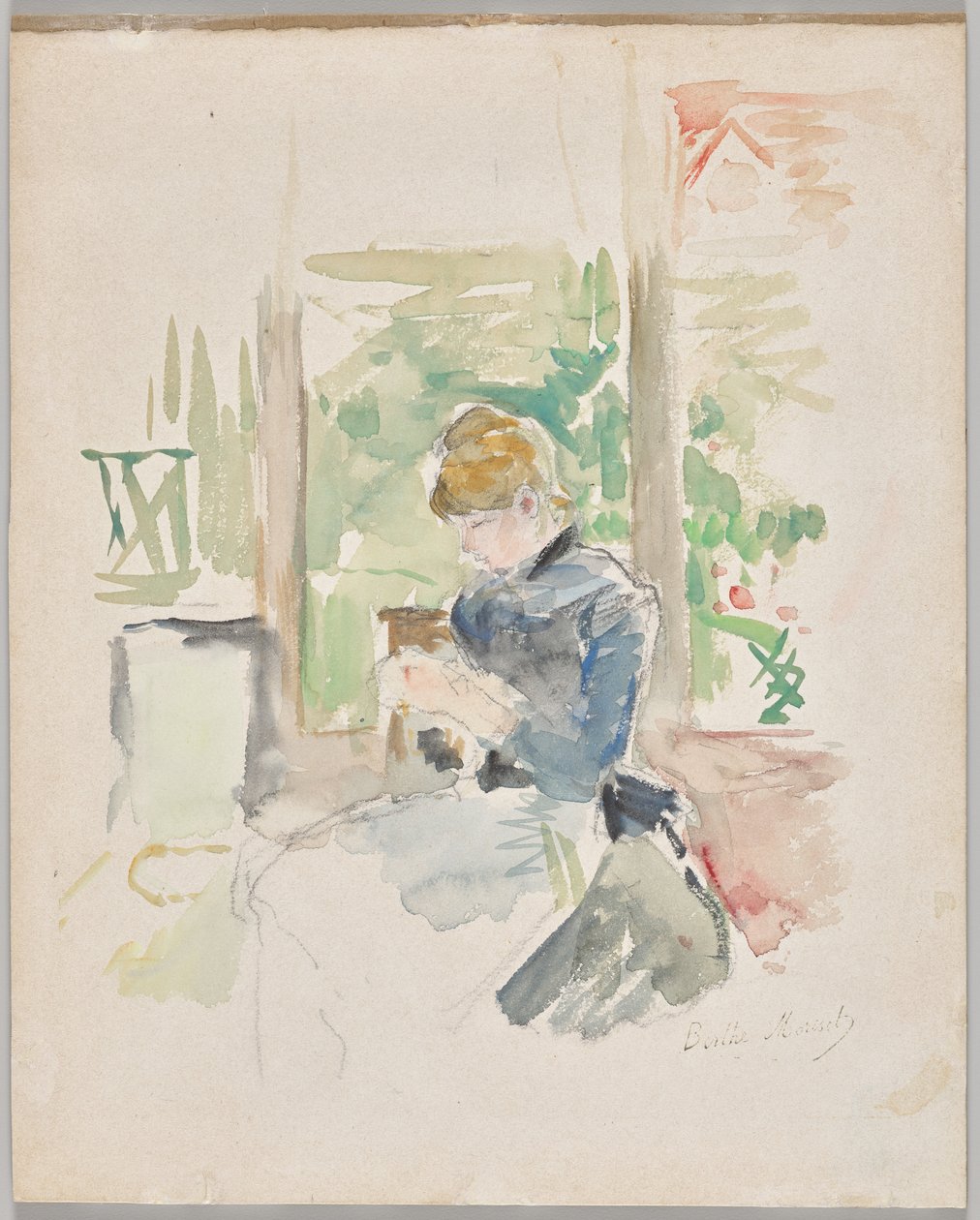 Naaien bij het raam door Berthe Morisot