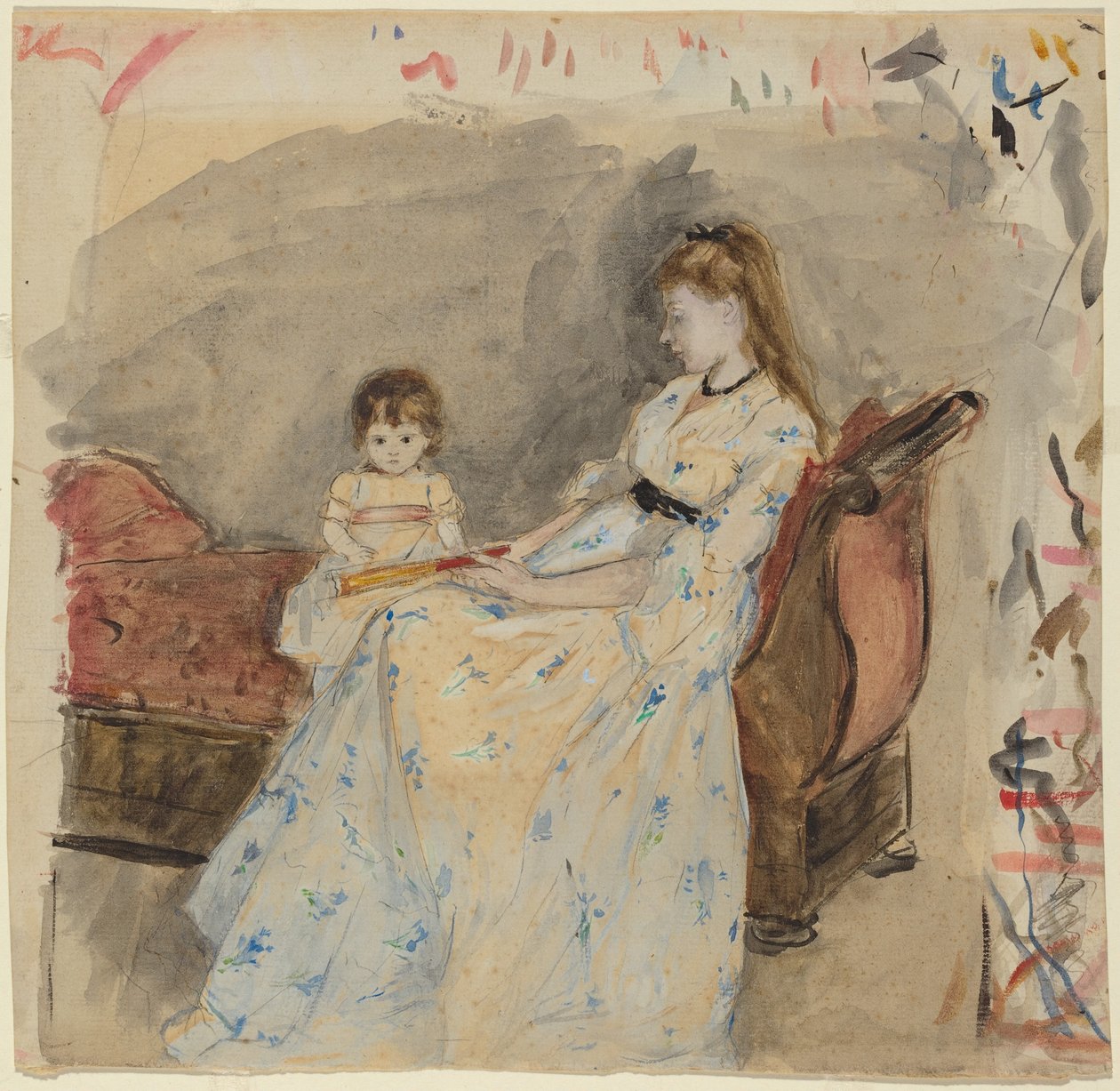 De zus van de kunstenaar, Edma, met haar dochter Jeanne (voorkant); De zus van de kunstenaar, Edma, zittend in de open lucht (achterkant) door Berthe Morisot