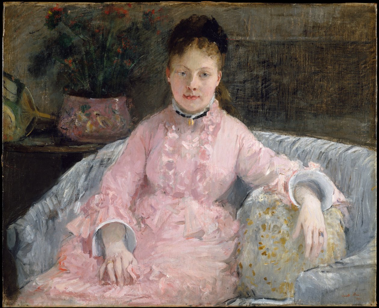 De roze jurk (Albertie-Marguerite Carré, later Madame Ferdinand-Henri Himmes, 1854–1935) door Berthe Morisot