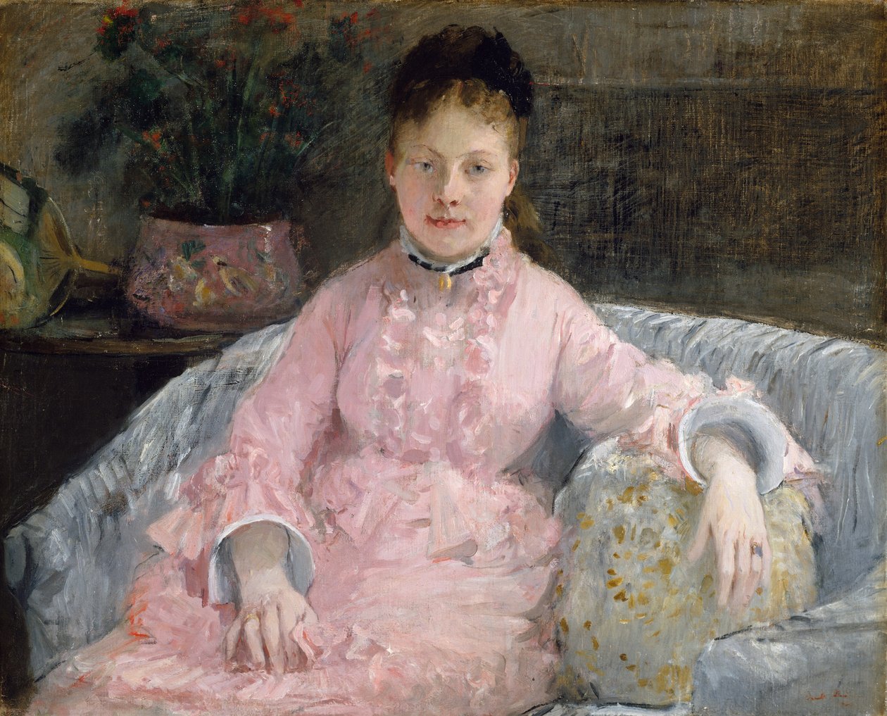 De roze jurk Albertie-Marguerite Carré, later Madame Ferdinand-Henri Himmes, ca. 1870 door Berthe Morisot
