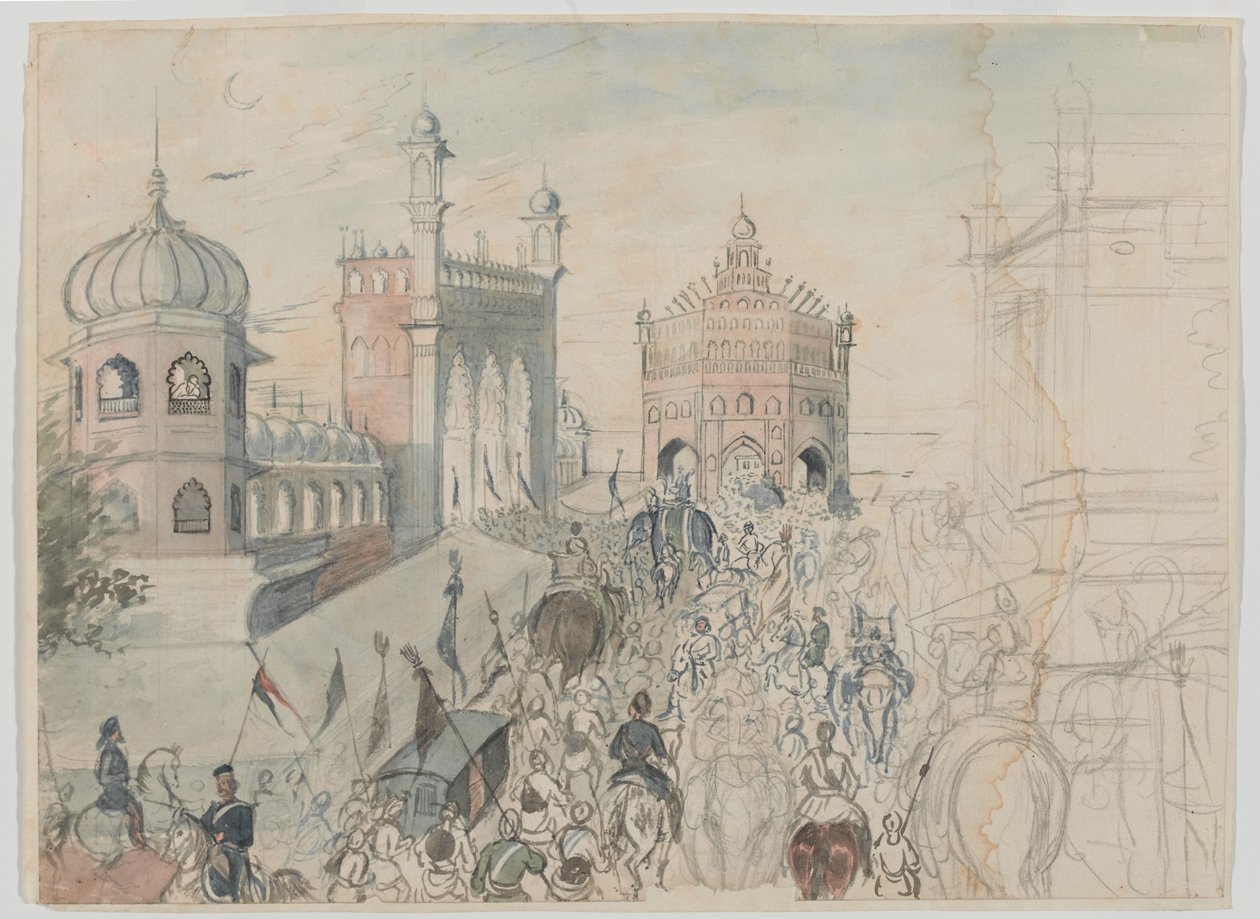 Britse troepen in een Sikh-stad, waarschijnlijk Allahabad door Bethune Donald Grant