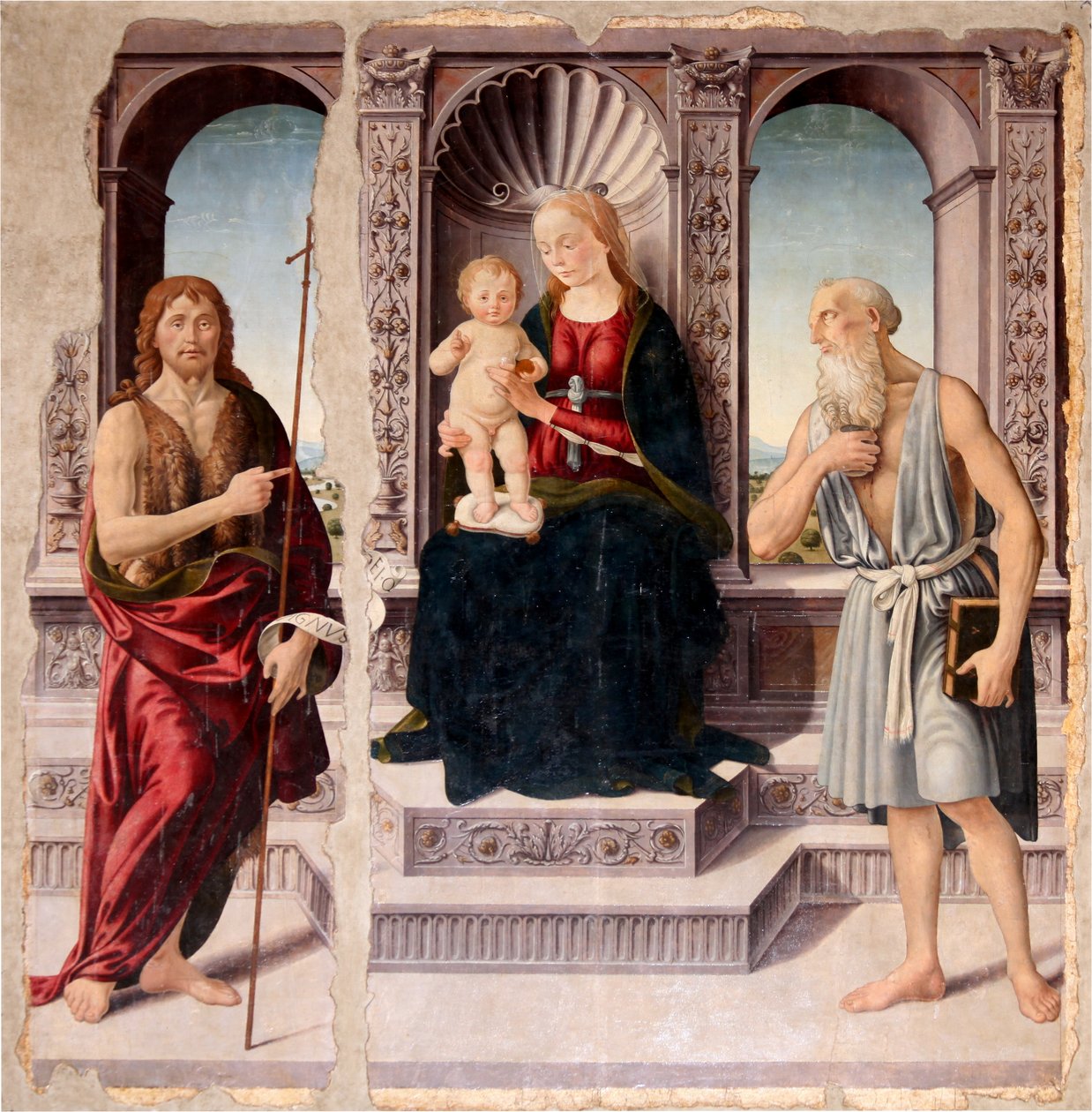 Madonna met kind op de troon met de heiligen Johannes de Doper en Jeronimo door Biagio d