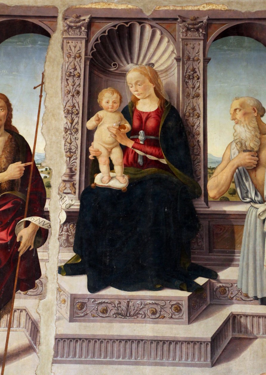 Madonna met kind op de troon met de heiligen Johannes de Doper en Jeronimo door Biagio d