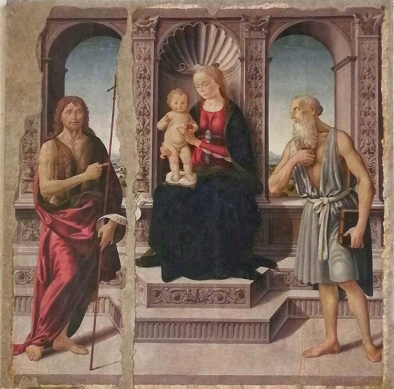 Madonna met kind op de troon met de heiligen Johannes de Doper en Jeronimo door Biagio d