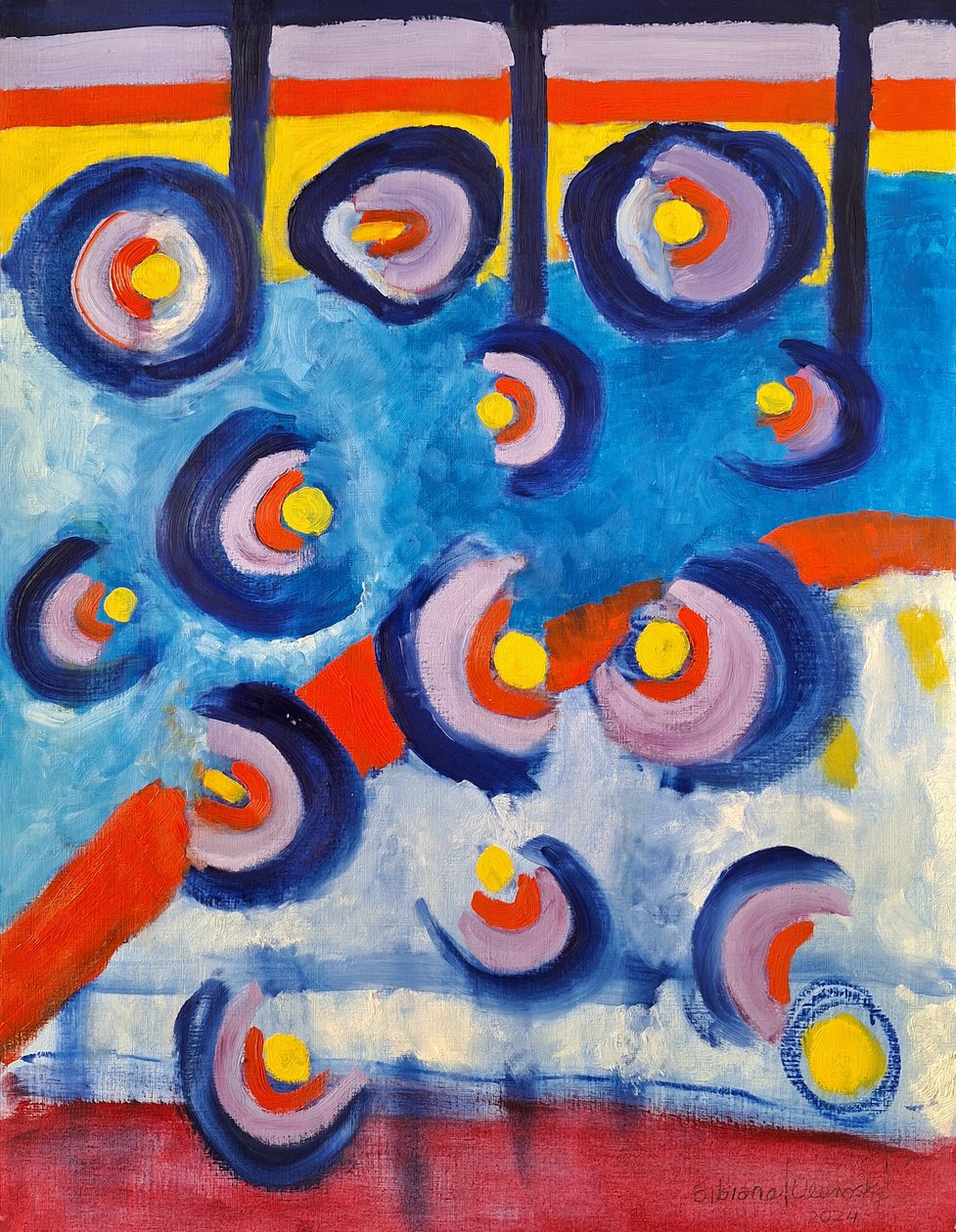 Drones of vlinders, 2024 (olieverf op karton) door Bibiana Ulanosky