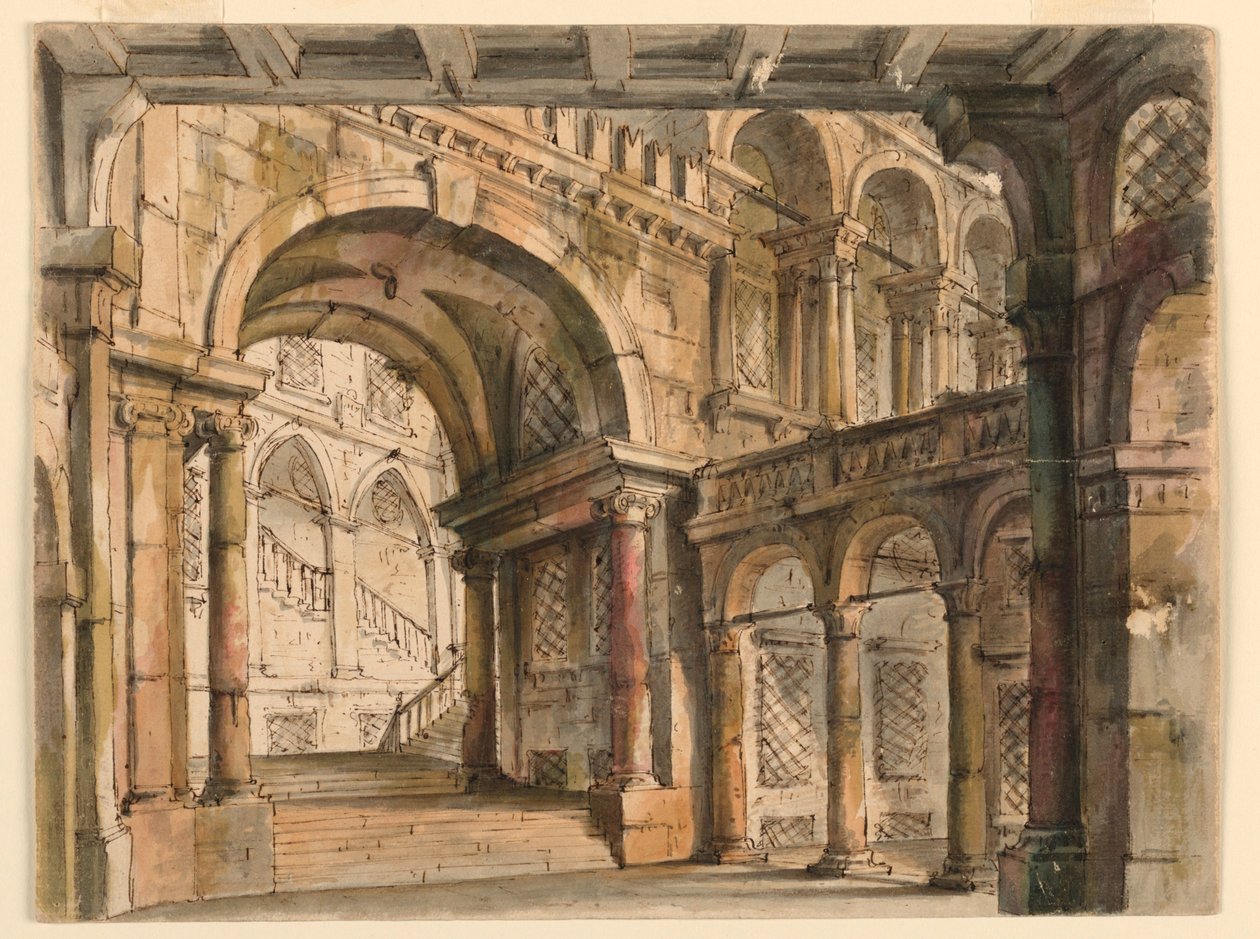 Toneelontwerp, Paleis Binnenplaatsen en Trappen door Bibiena Family, 1657