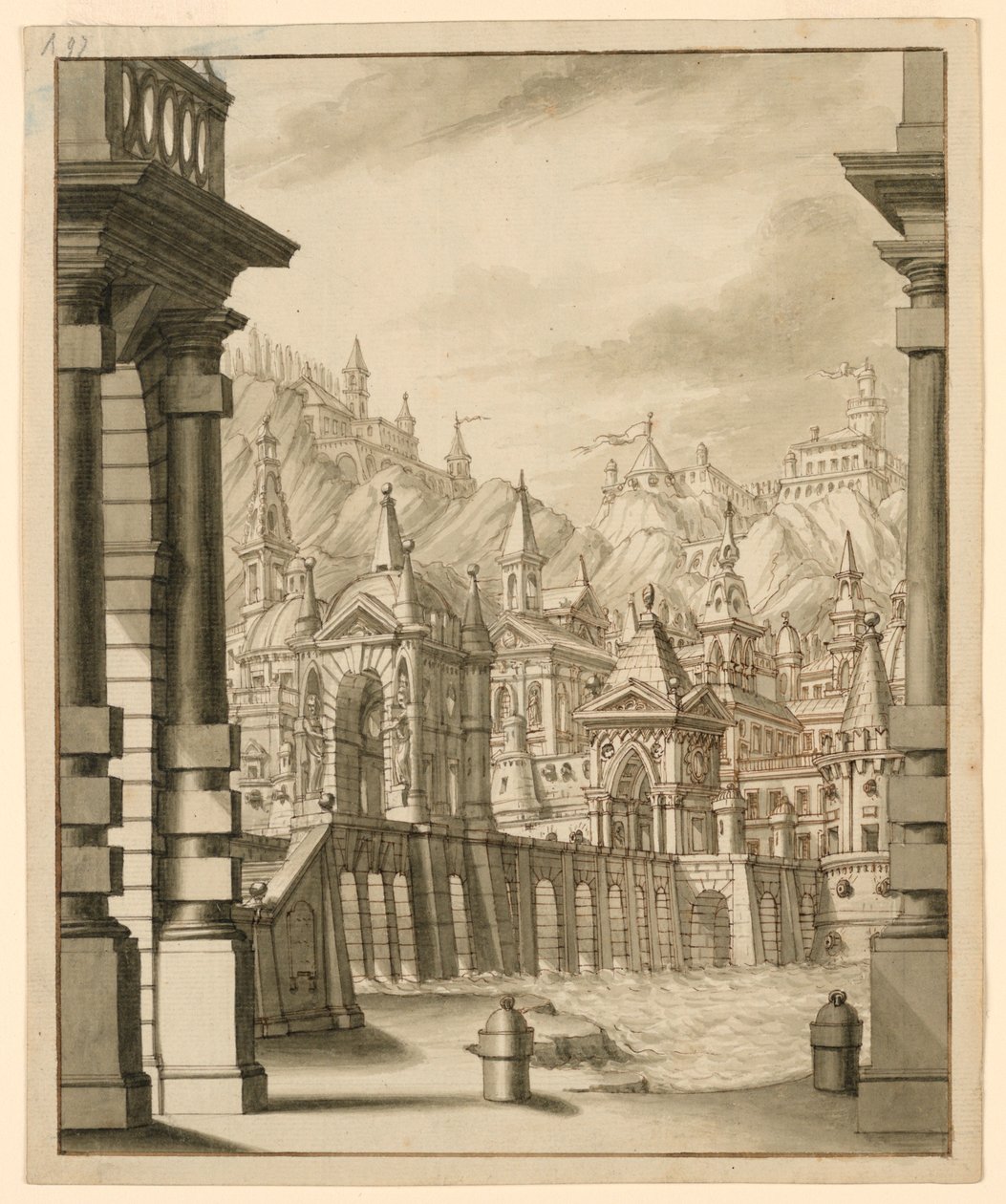 Toneelontwerp, Stad op Heuvel met Getorende Gebouwen door Bibiena Family, 1657