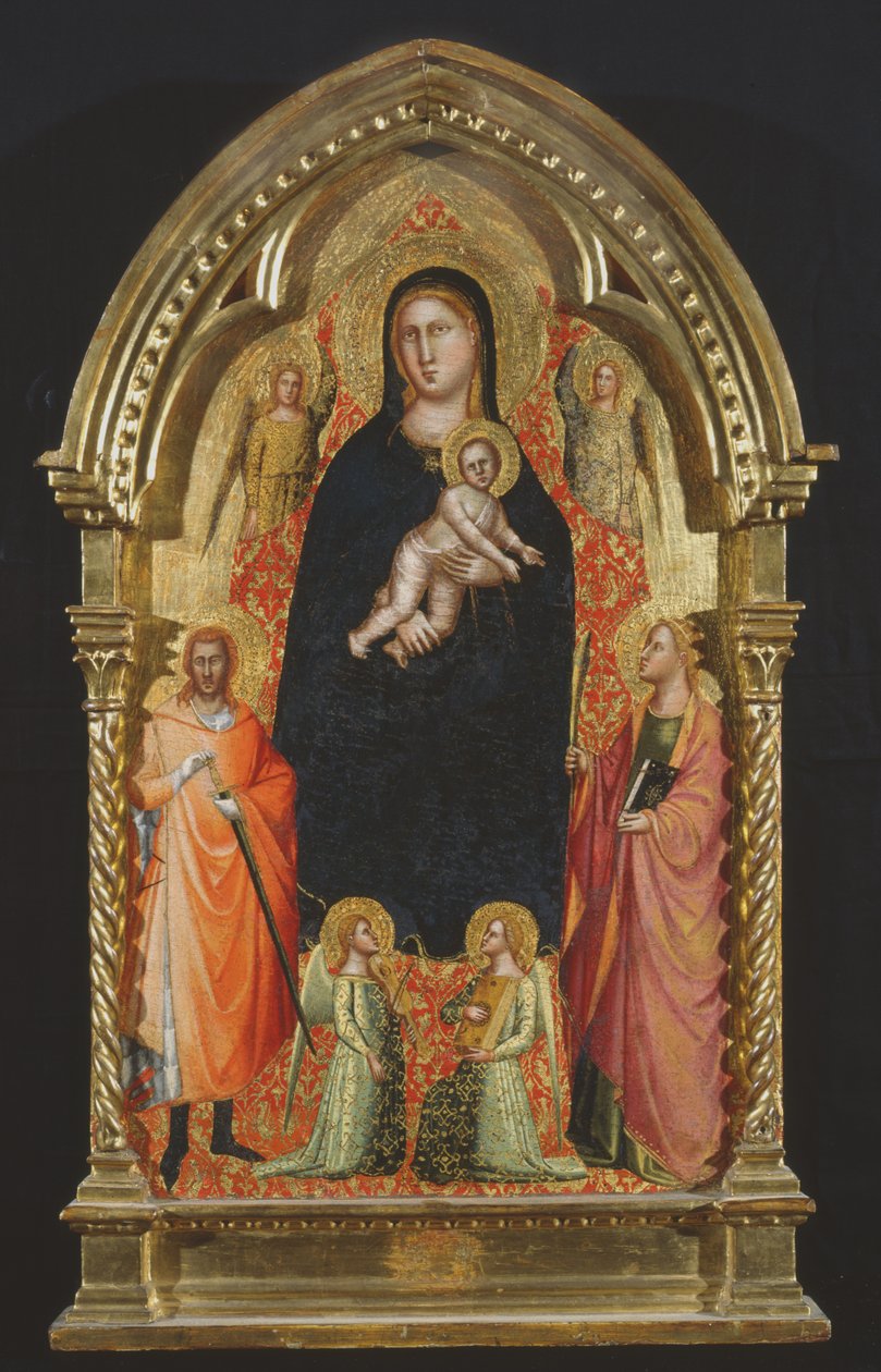 Madonna en Kind op de Troon met Heiligen Catharina en Giuliano en Engelen door Bicci di Lorenzo
