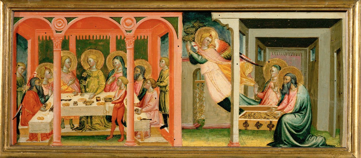Scènes uit het verhaal van Tobias: hij trouwt met Sarah ... (schilderij op hout) door Bicci di Lorenzo